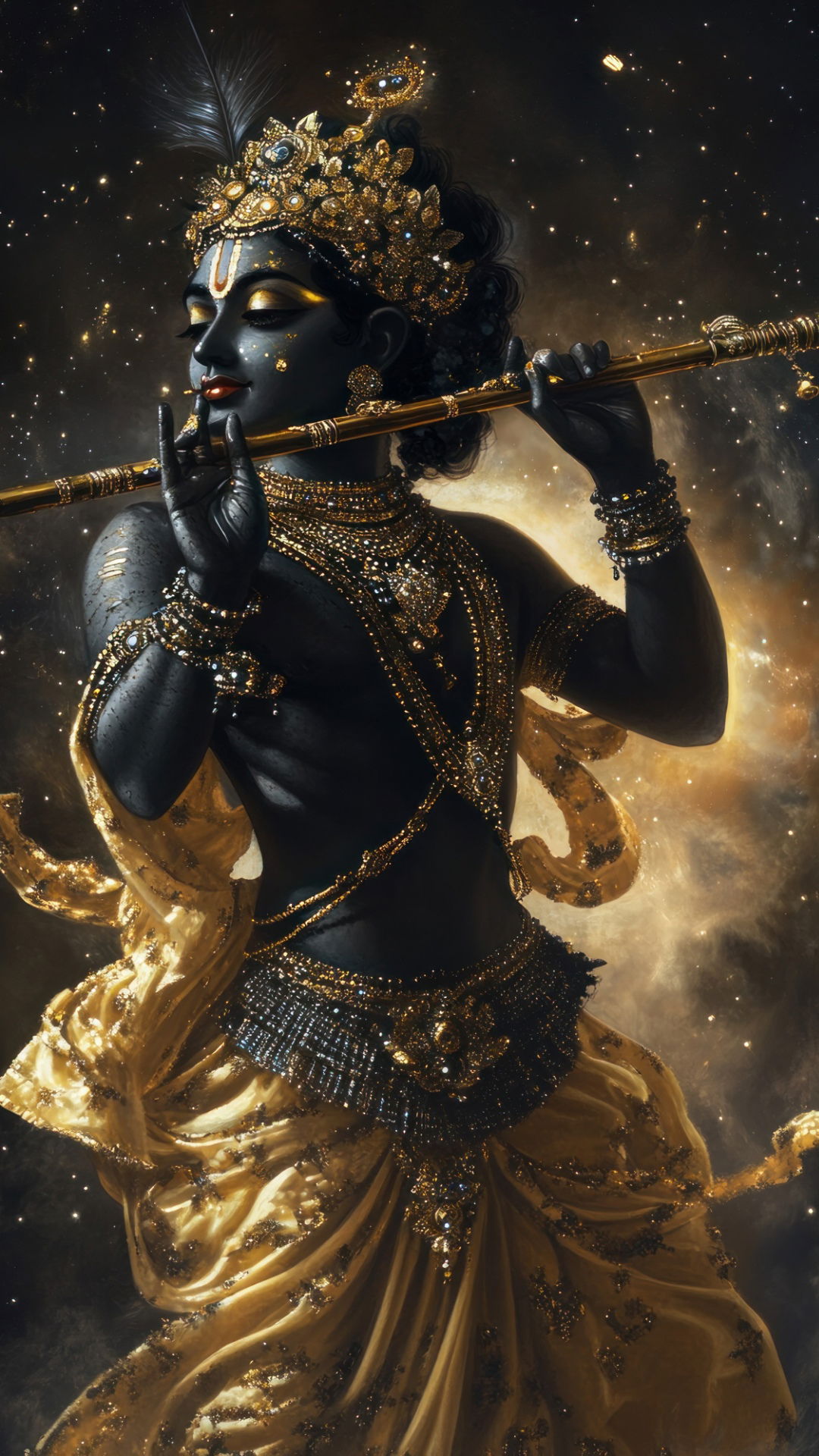 Krishna playing a golden flute amidst stars