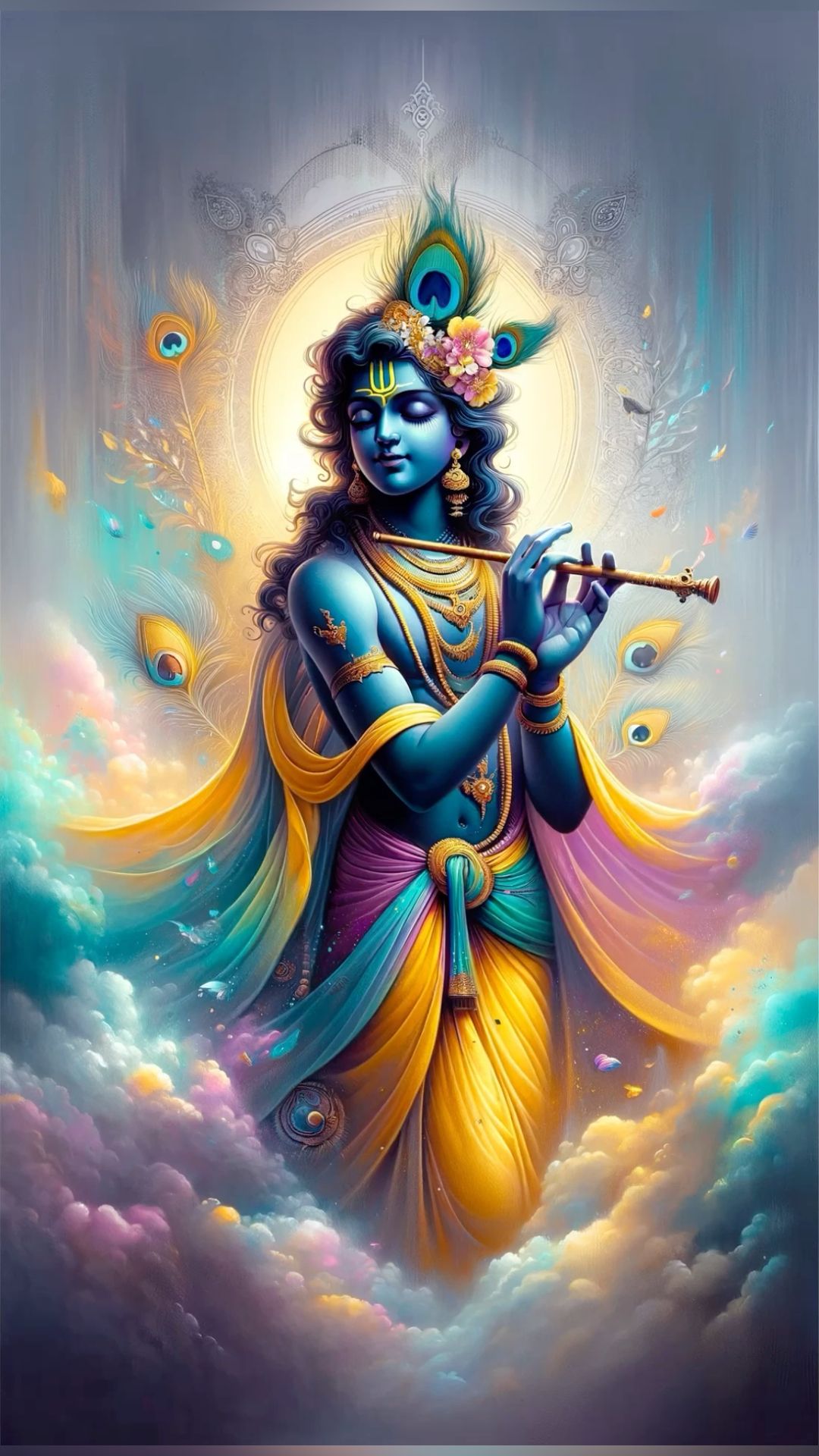 Lord Krishna playing a flute divinely.