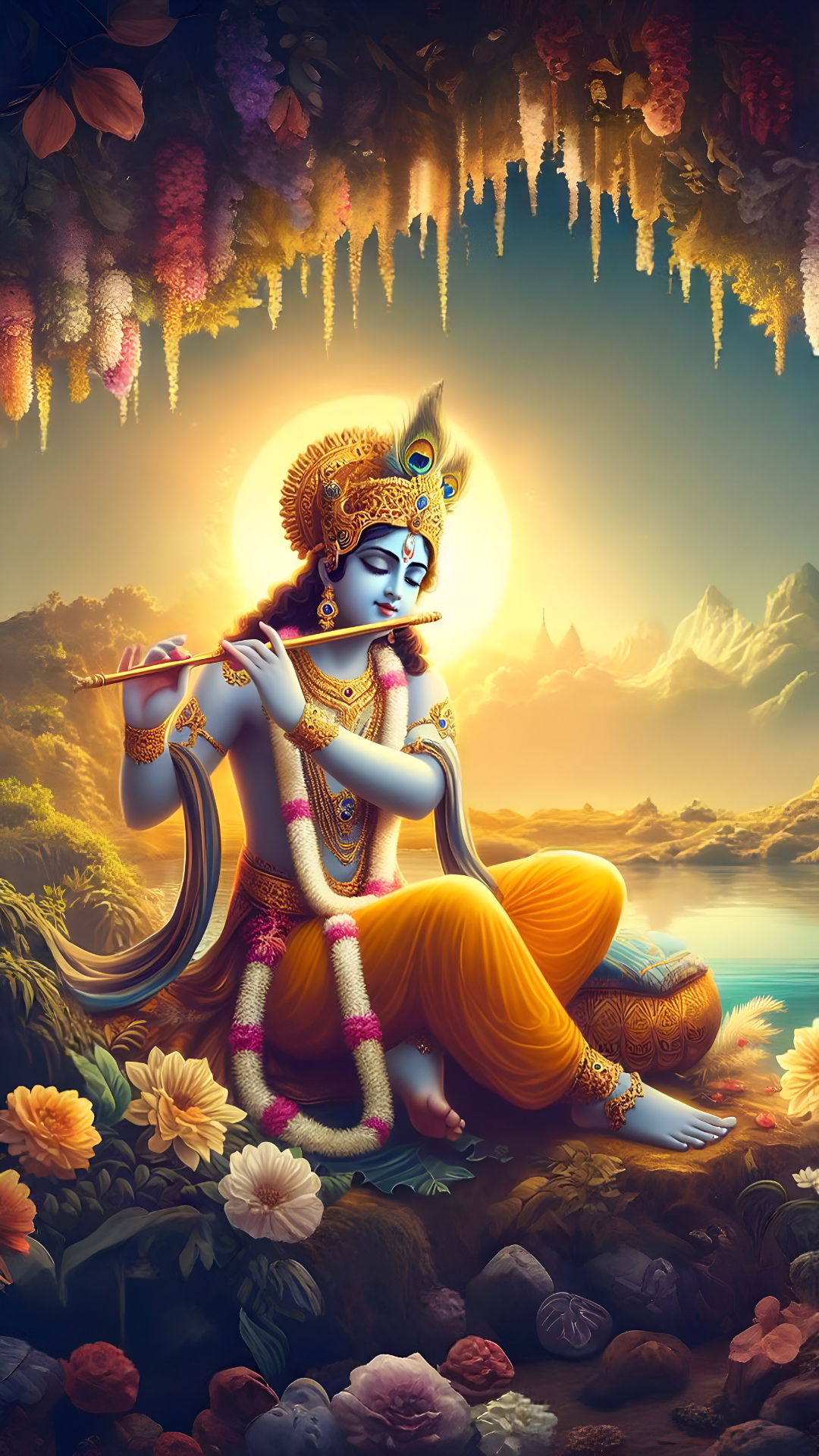 Krishna playing flute at sunset