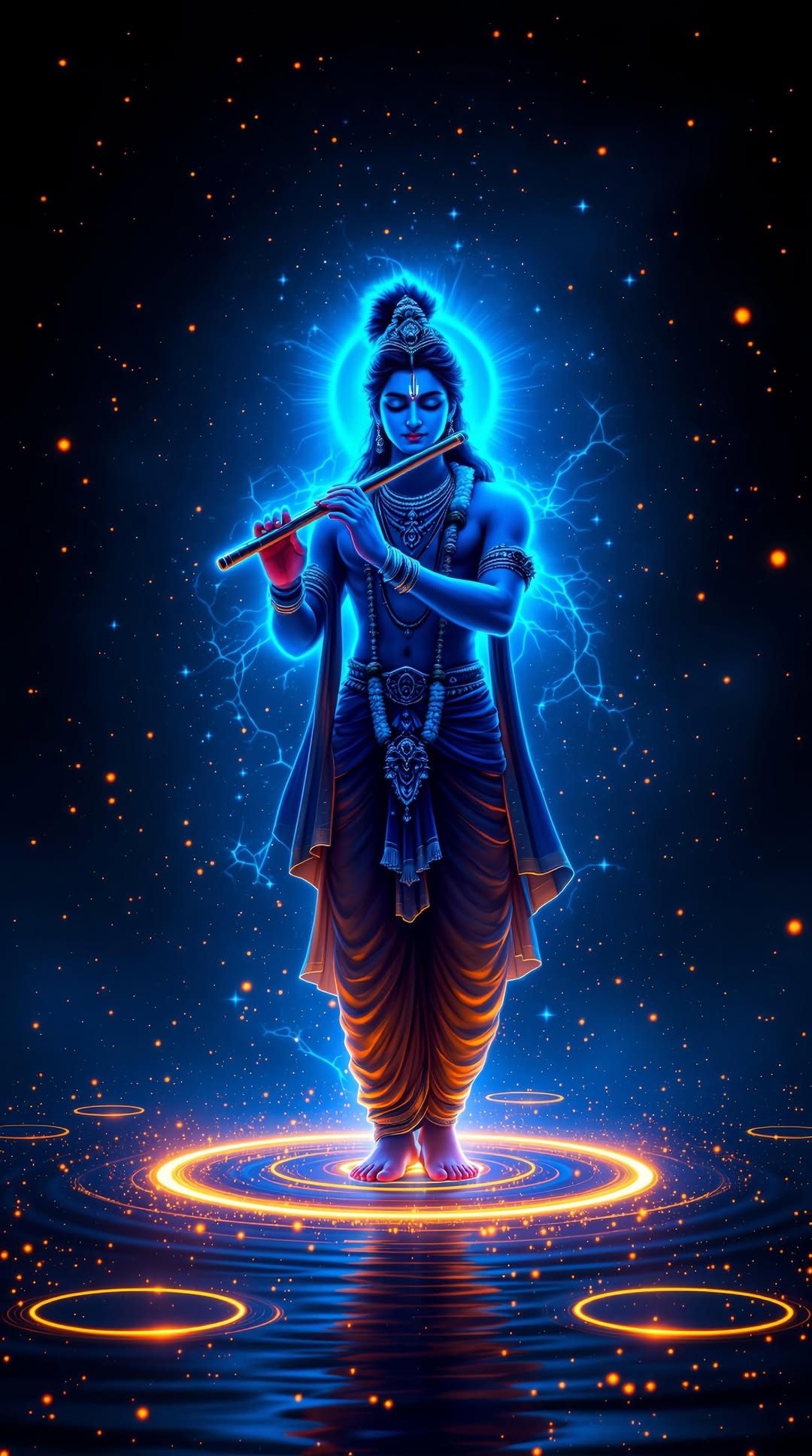 Krishna playing the flute in cosmic light