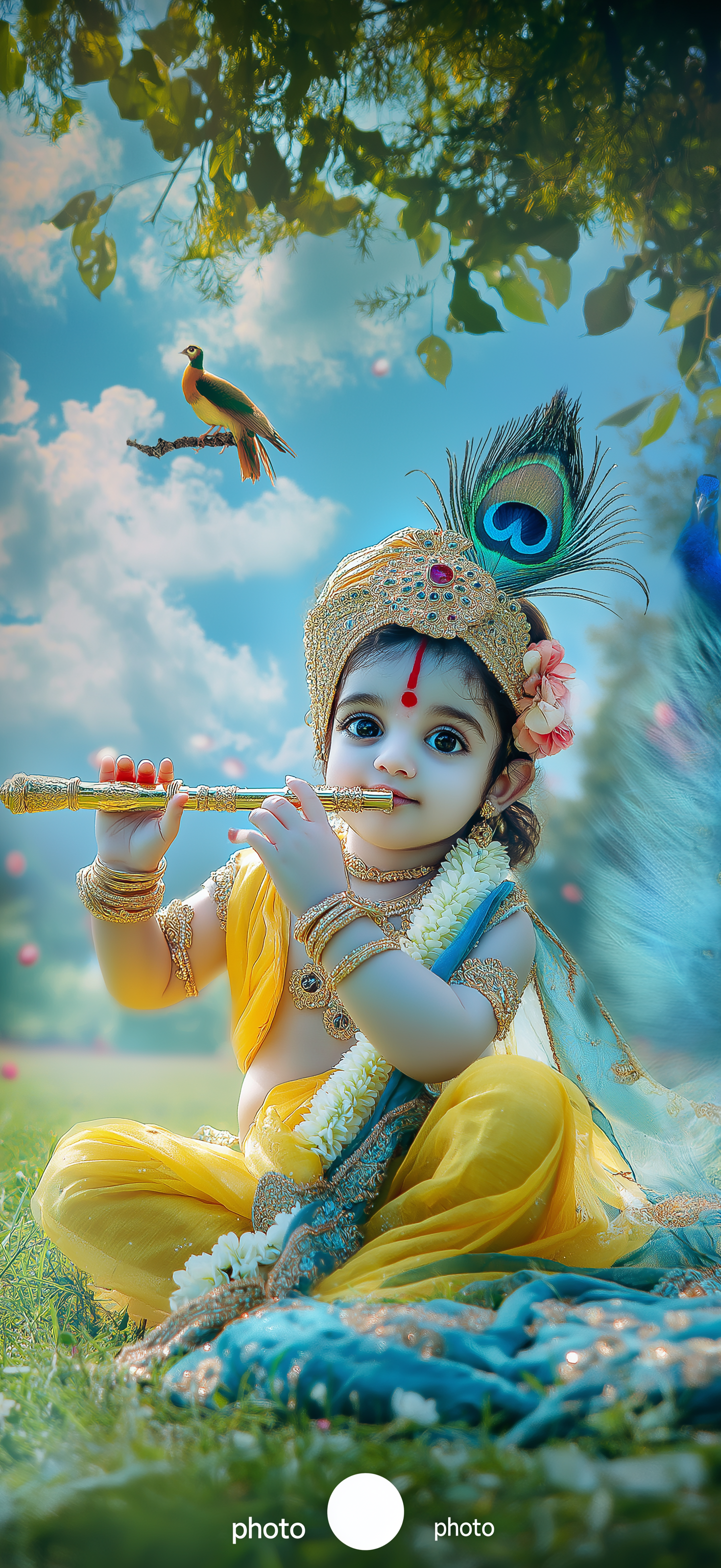 Baby Krishna playing a flute beautifully