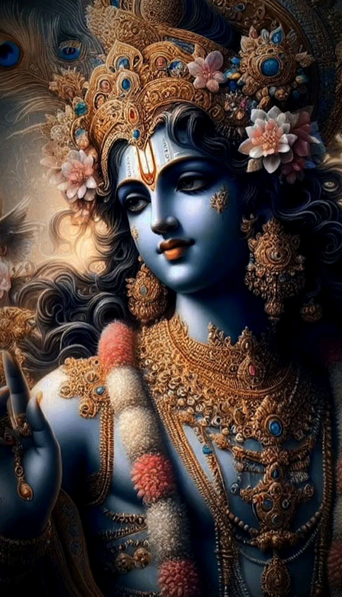 Lord Krishna\'s blissful portrait with flowers.