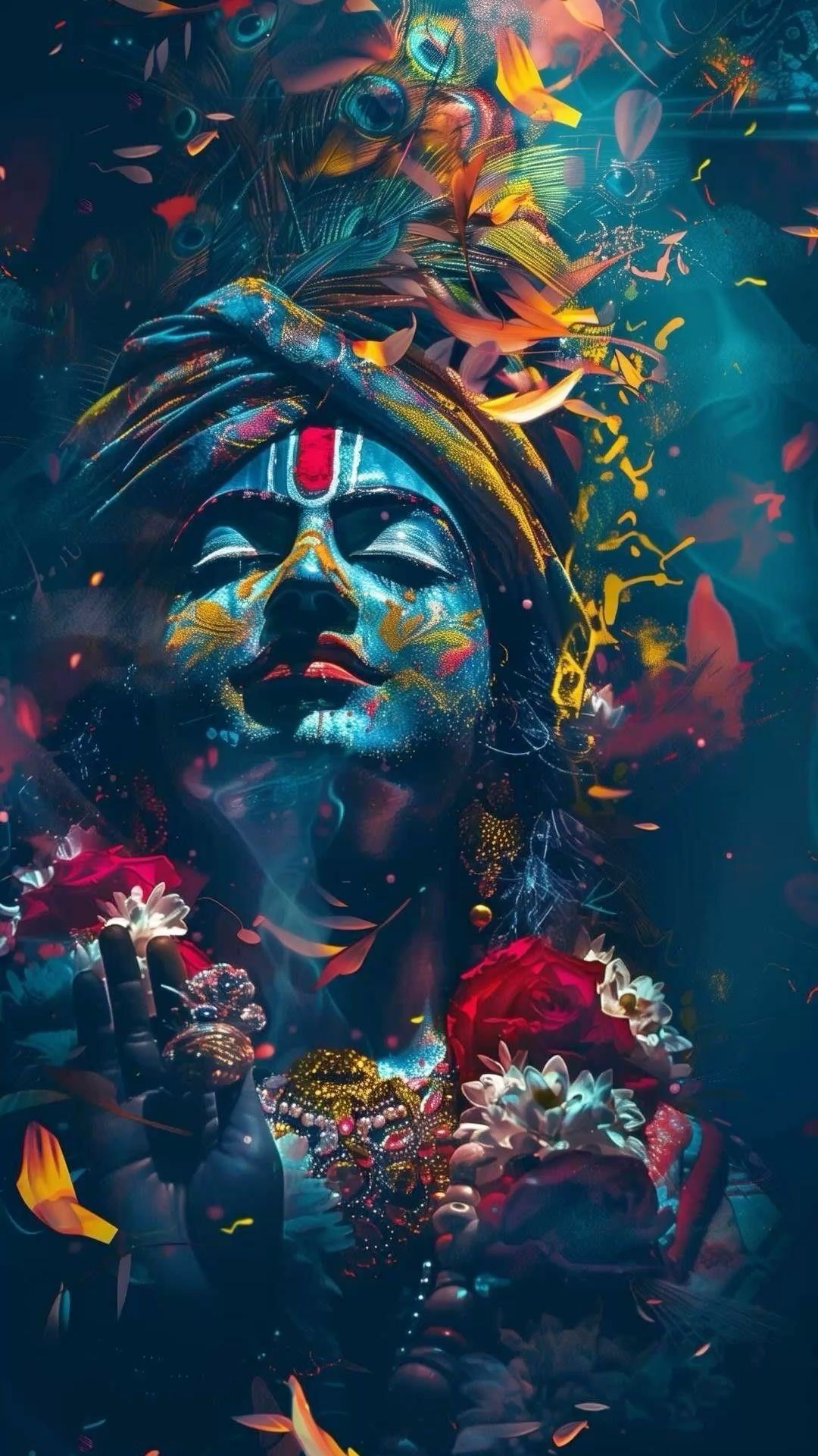Artistic depiction of Krishna with flowers.