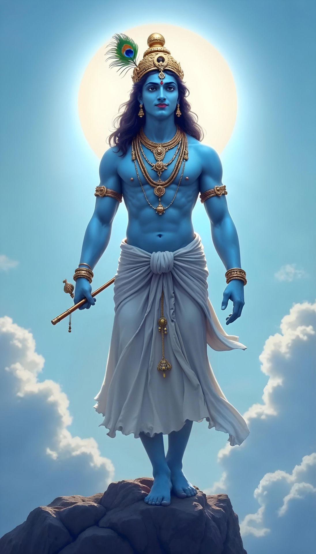 Blue-skinned Krishna playing flute serenely