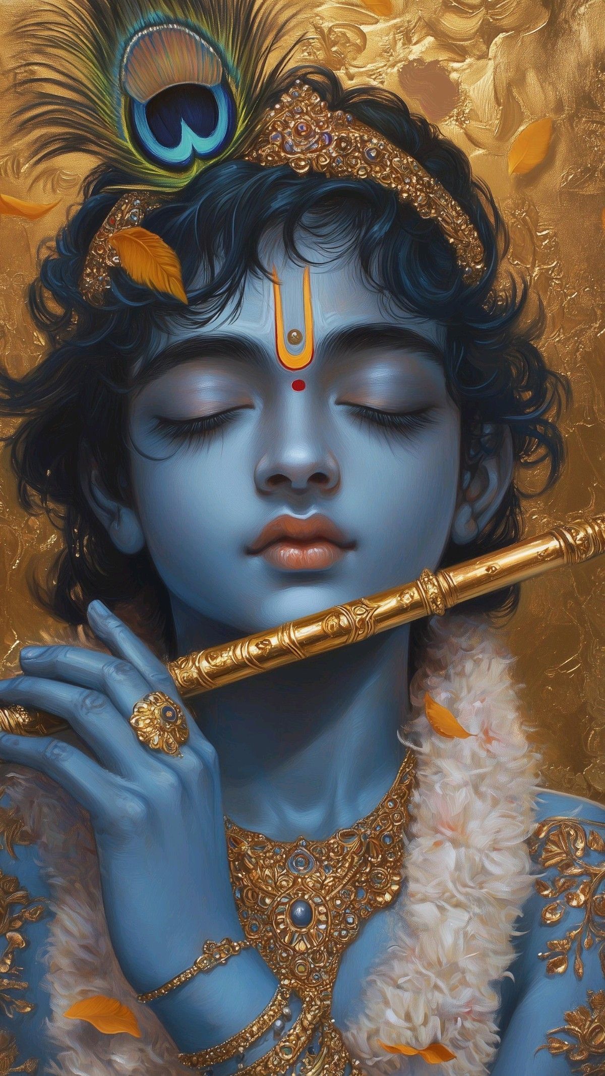 Lord Krishna playing a golden flute.