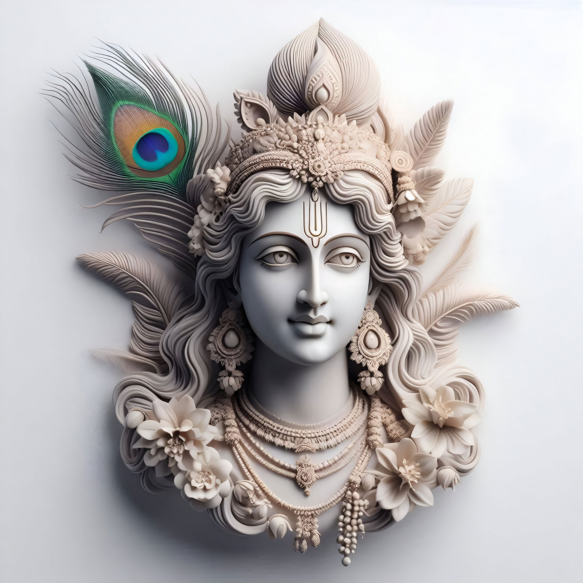 Krishna with peacock feather and flowers