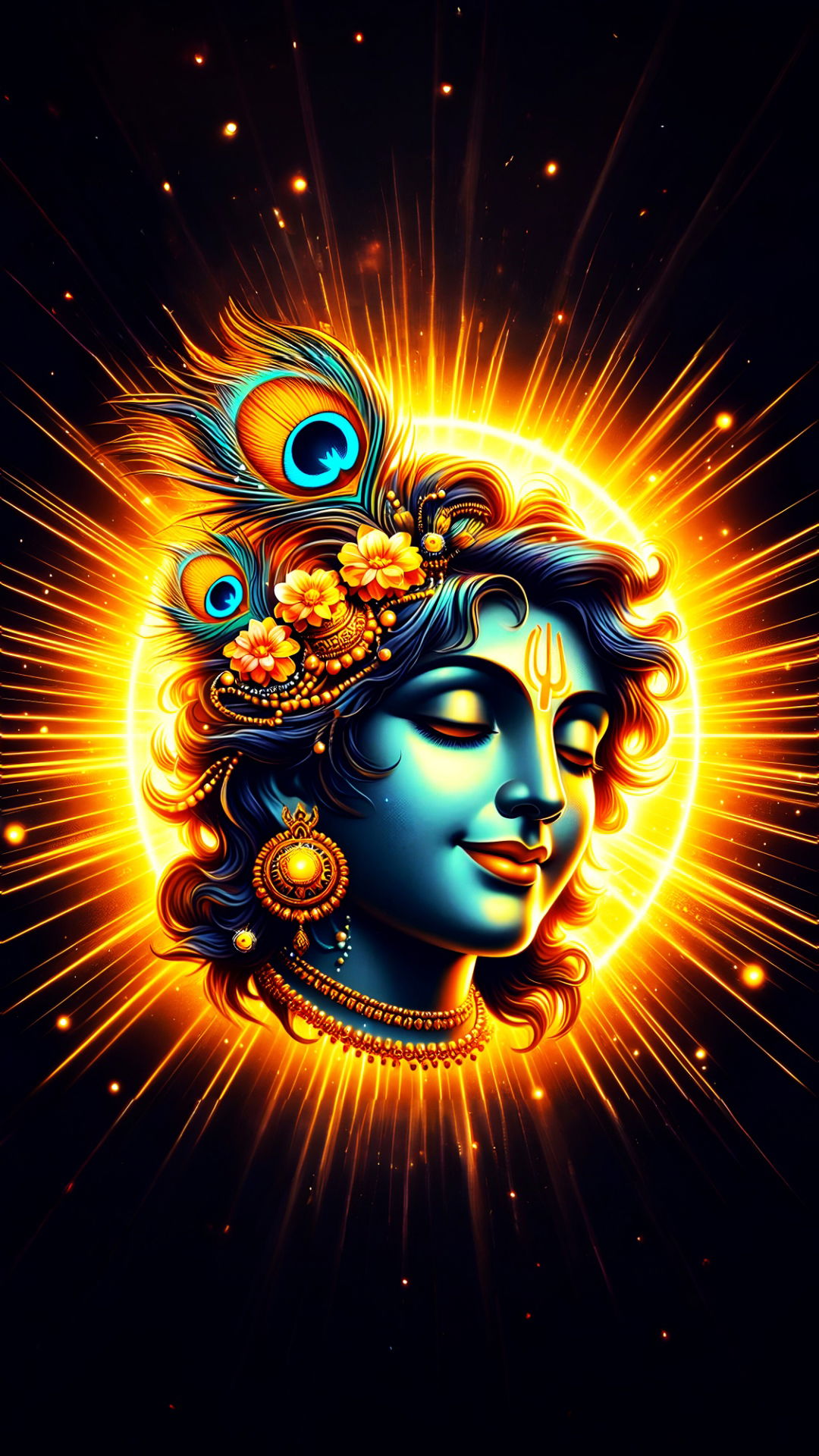 Divine Krishna with peacock feathers glows.