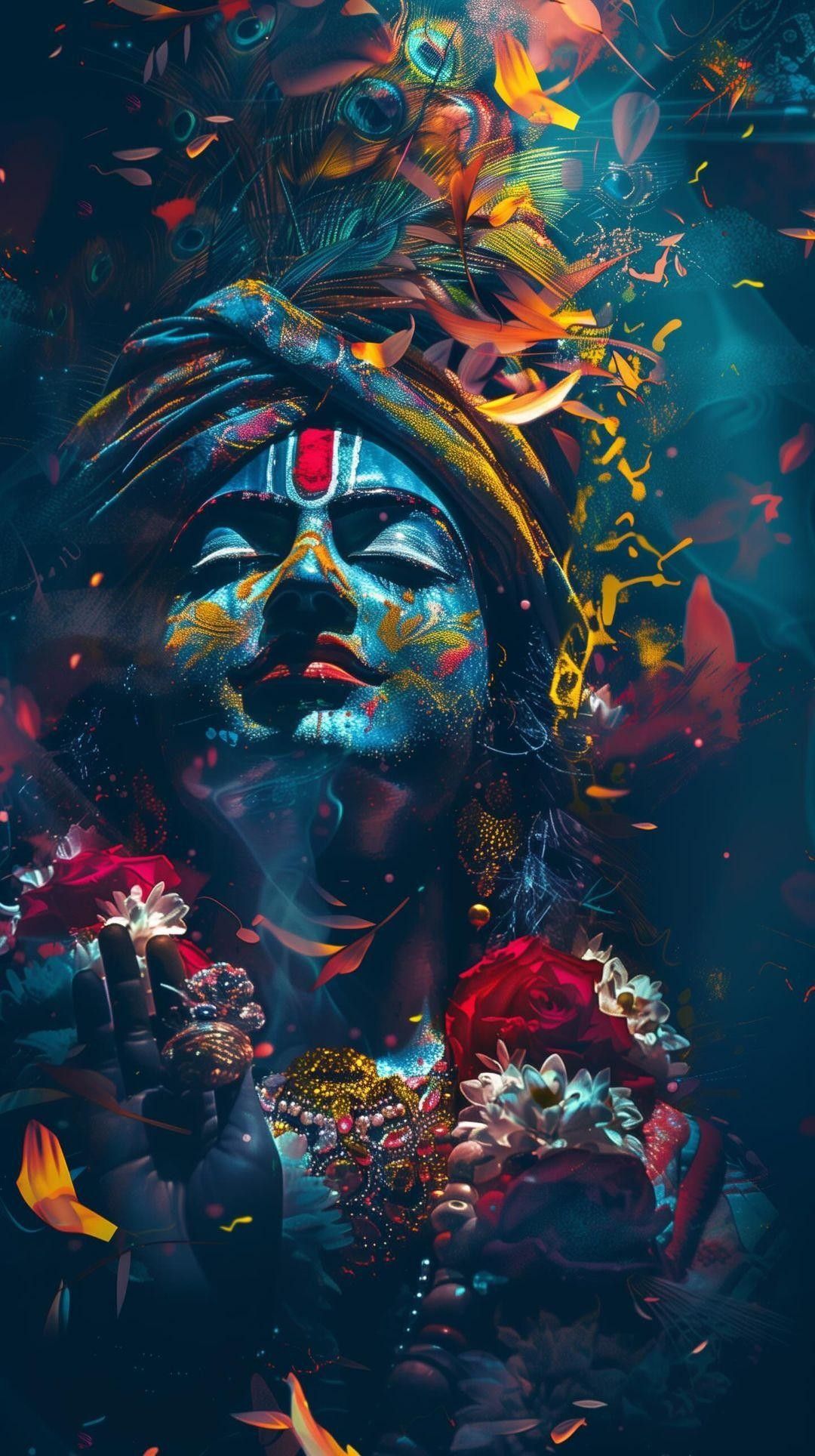 Krishna with peacock feathers and flowers