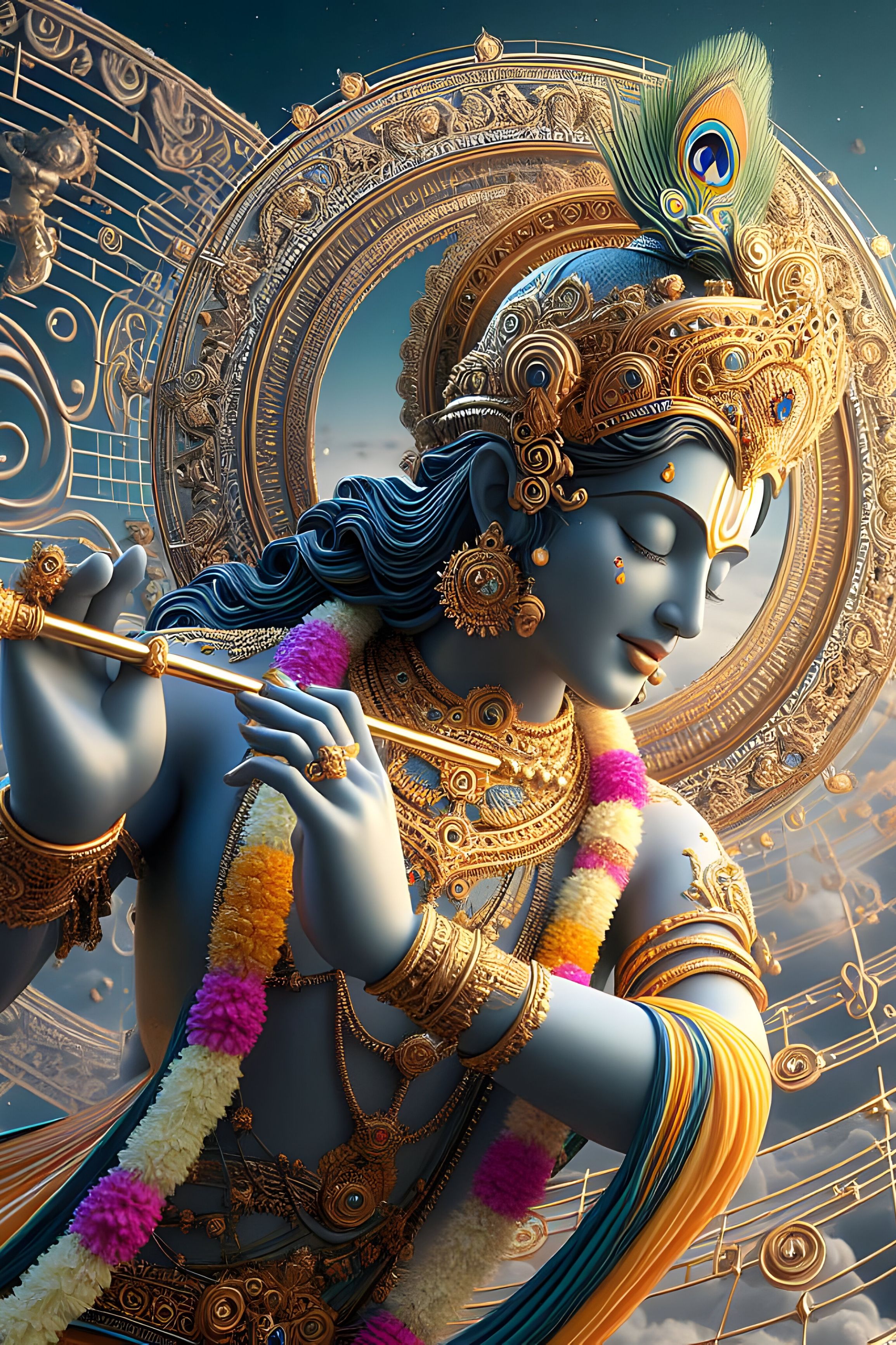 Blue Krishna playing a flute peacefully