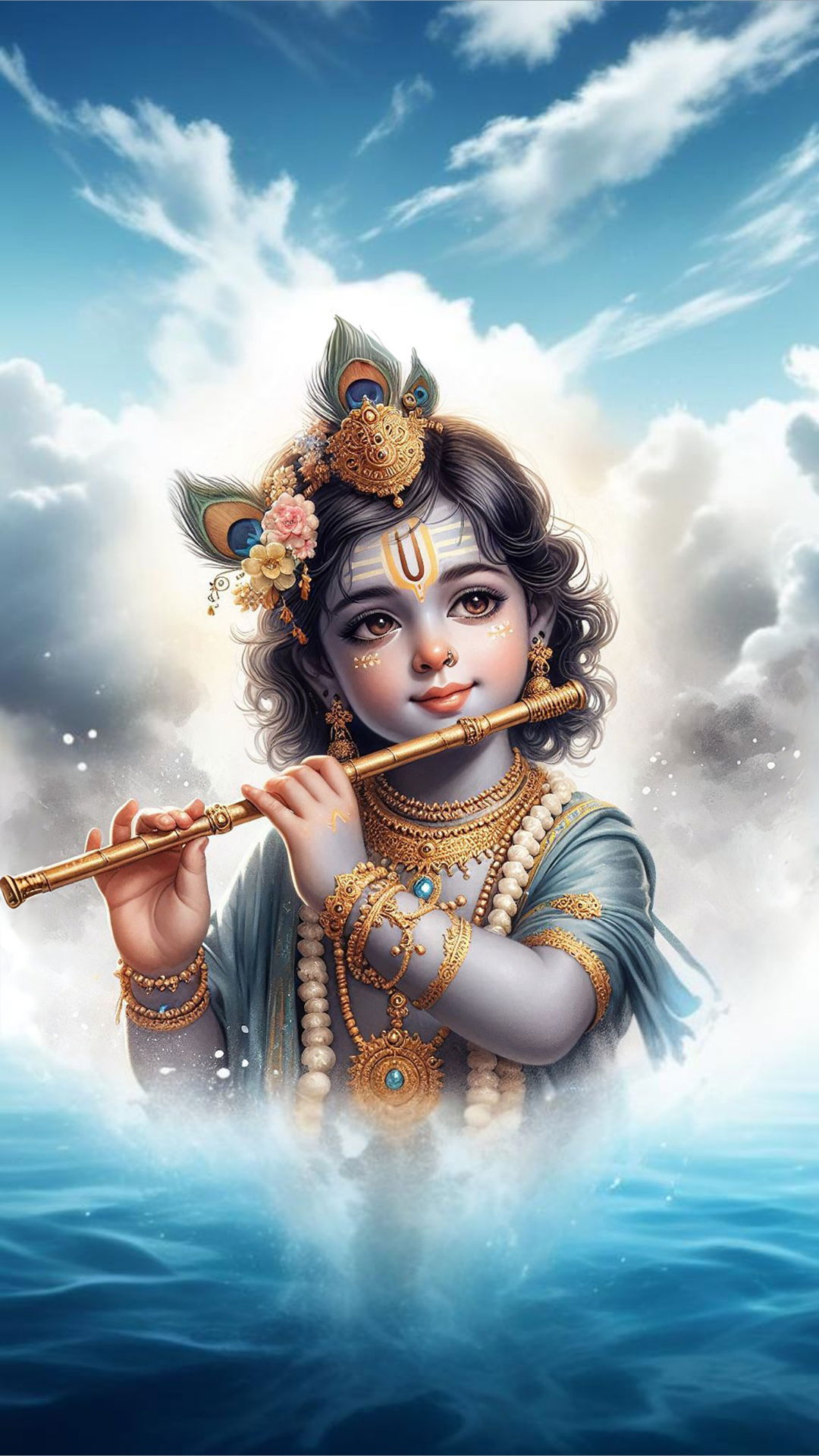 Young Krishna playing a flute divinely.