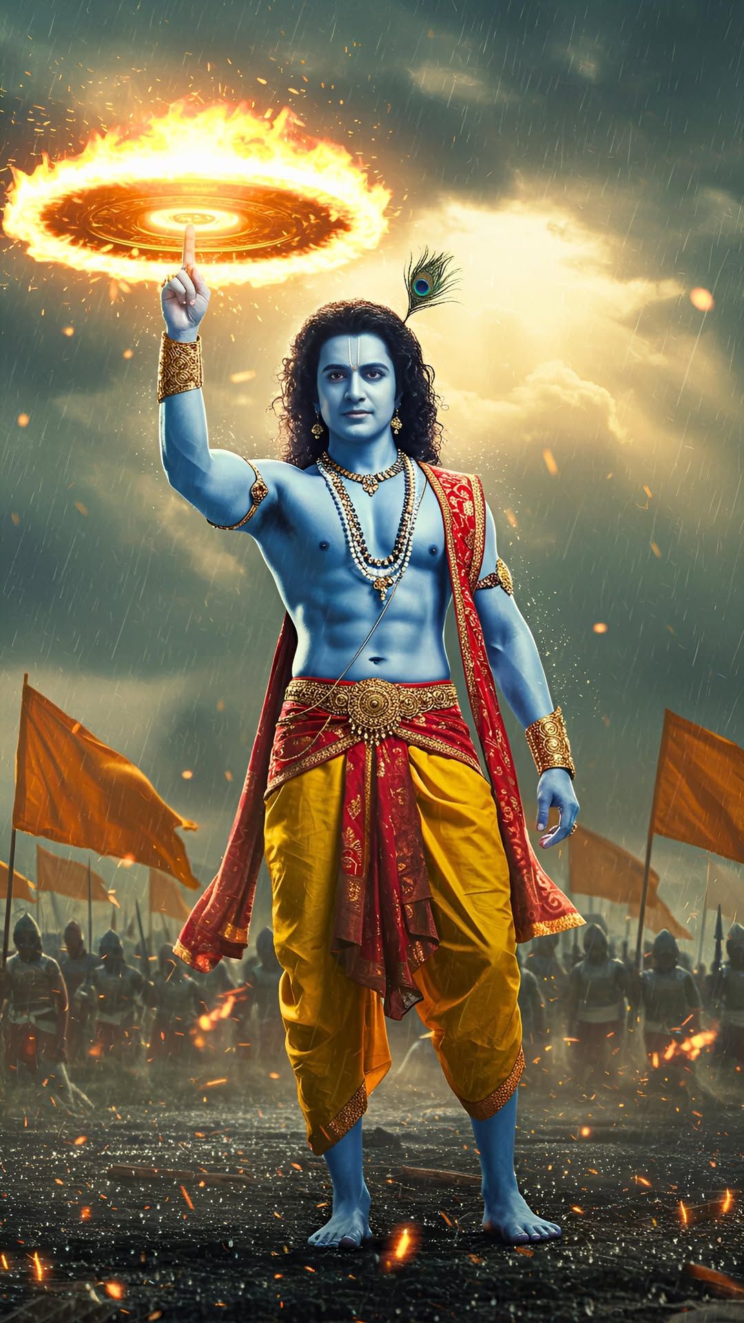 Lord Krishna lifting chakra battlefield image
