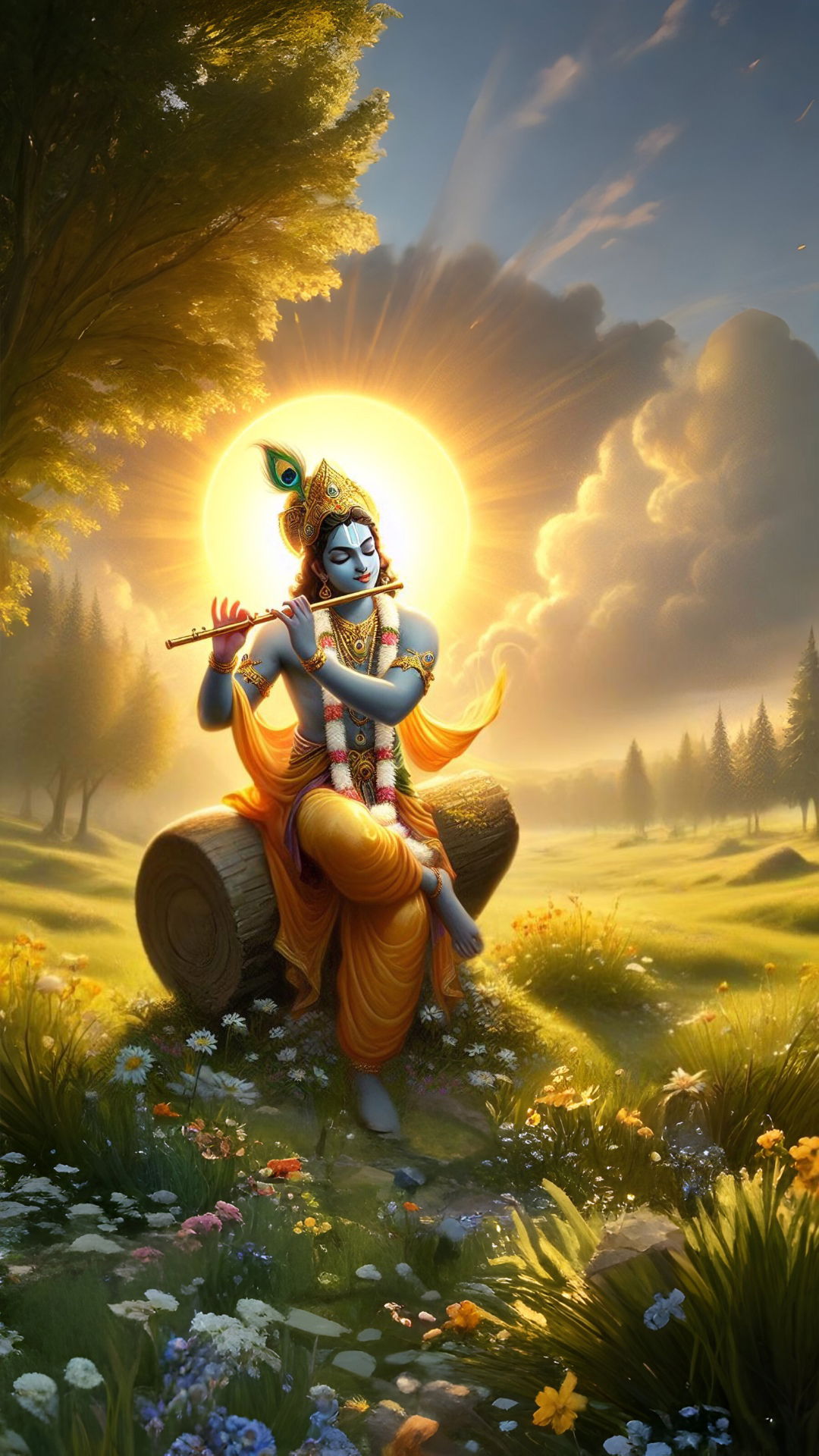 Krishna playing flute in forest