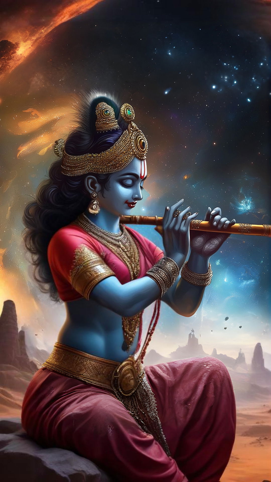 Lord Krishna playing a flute in space