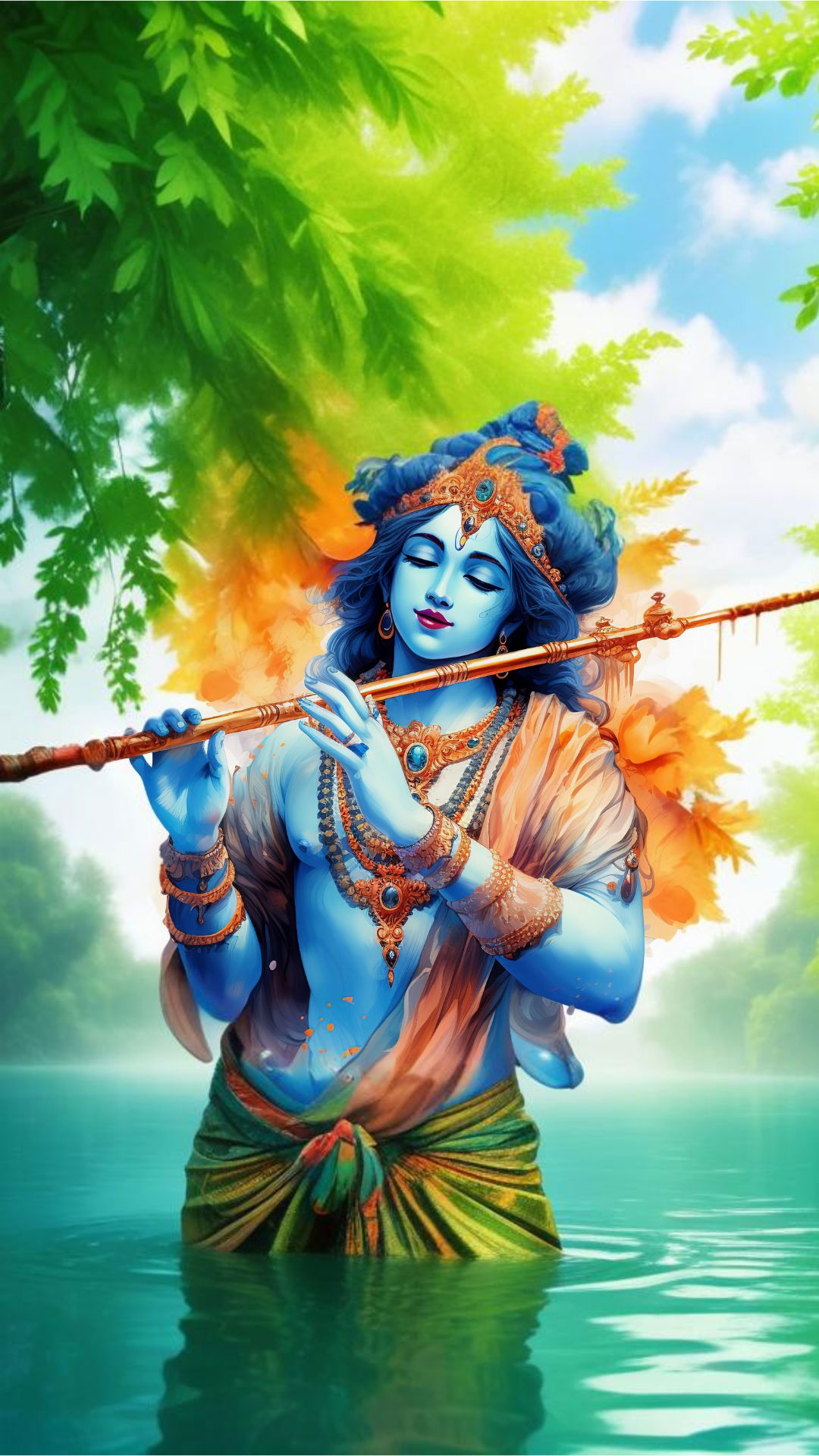 Krishna playing flute in serene water