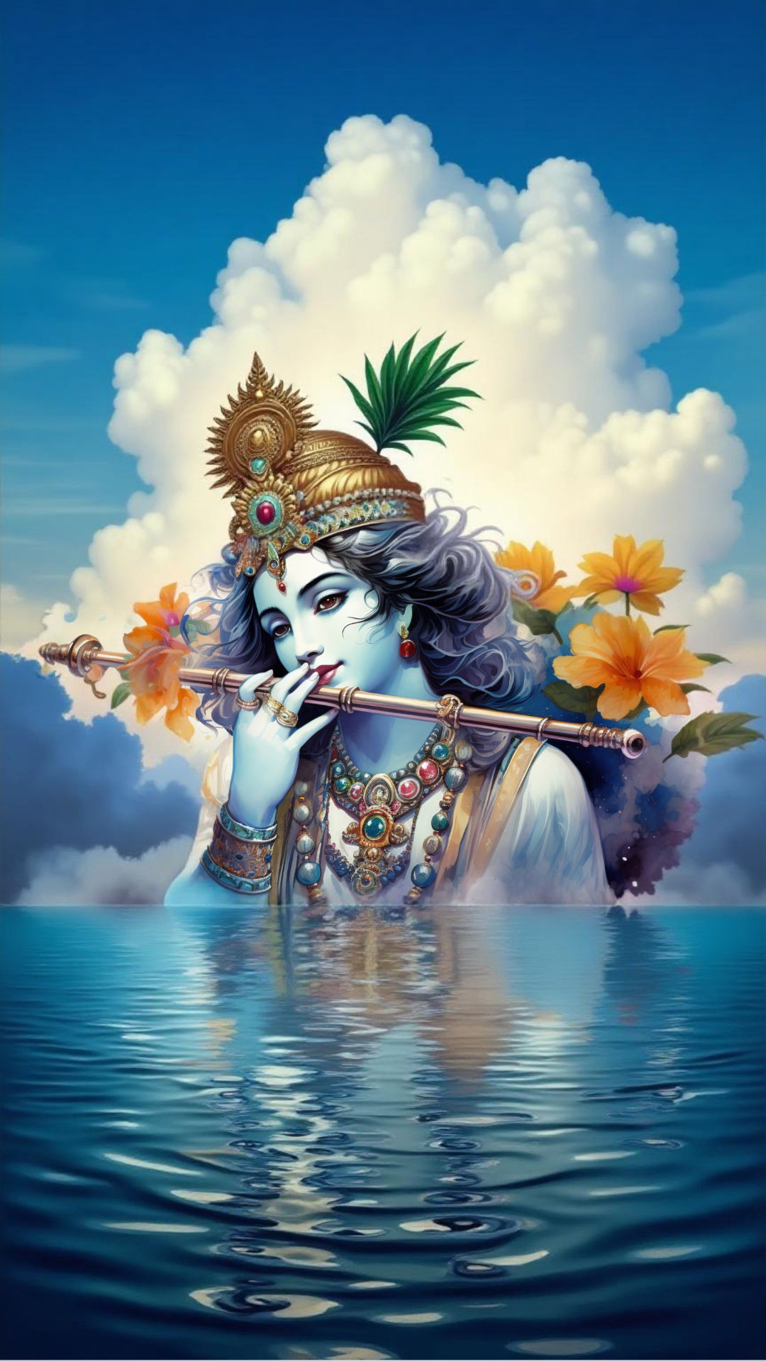 Krishna playing flute amidst water clouds