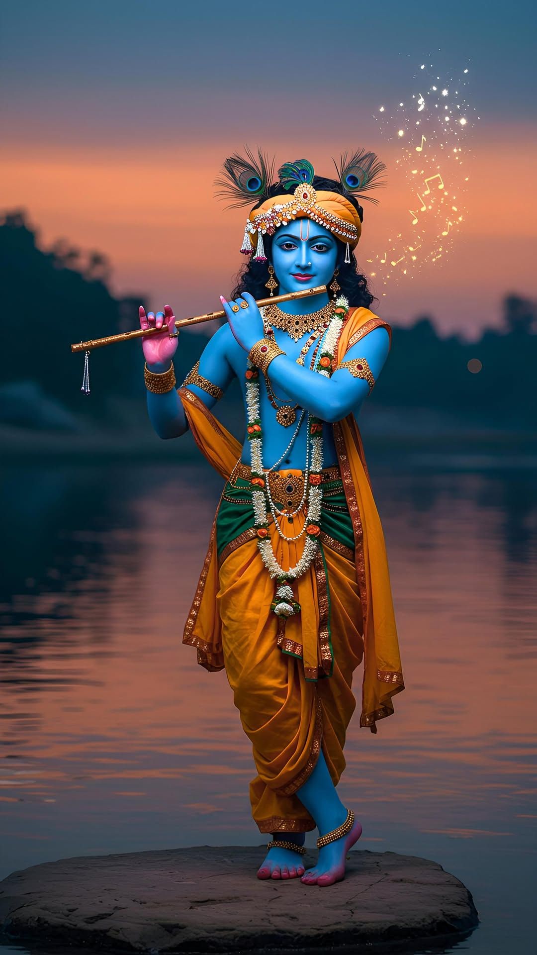 Krishna playing flute by riverbank