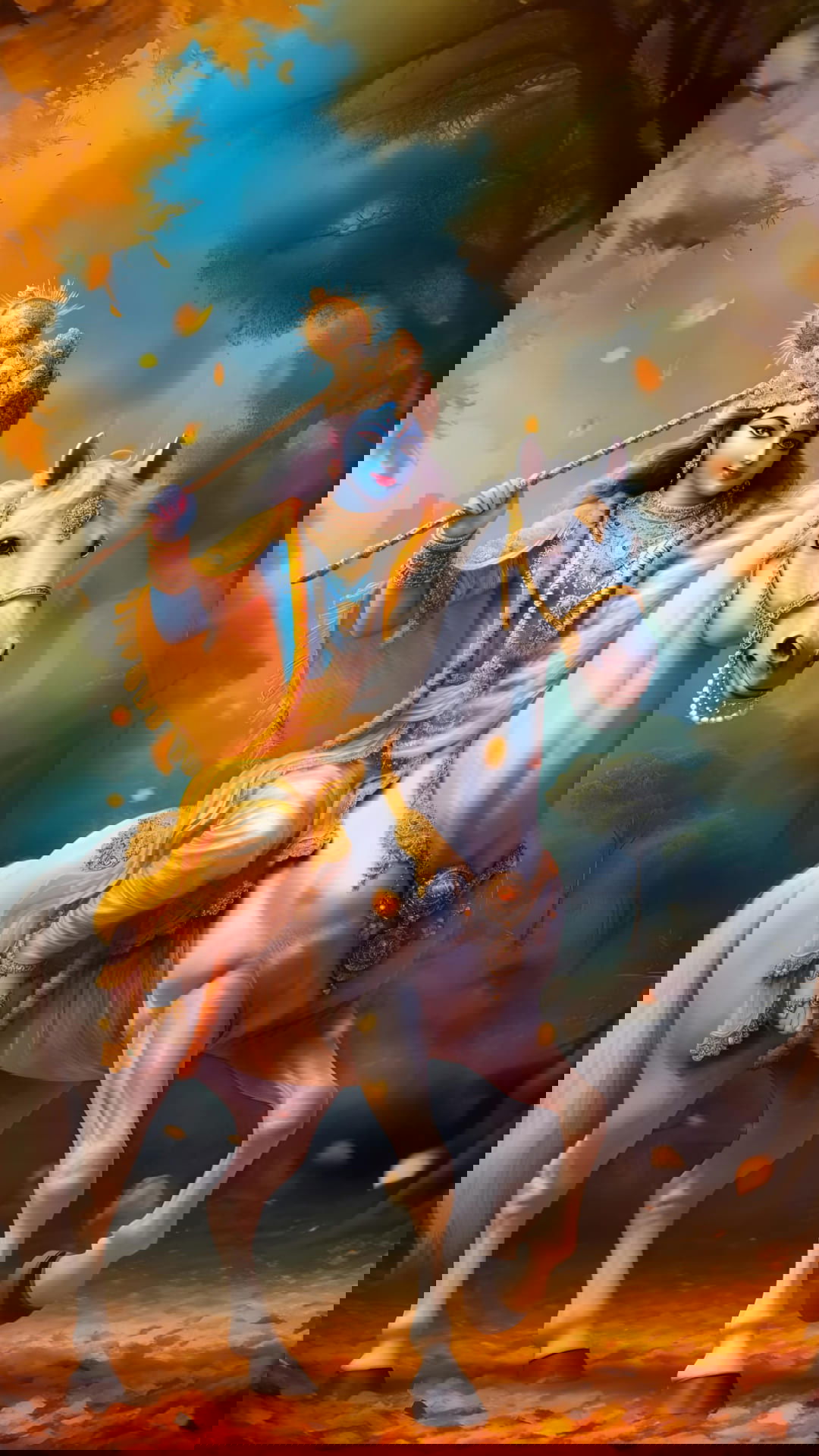 Krishna riding a white horse, divine image.