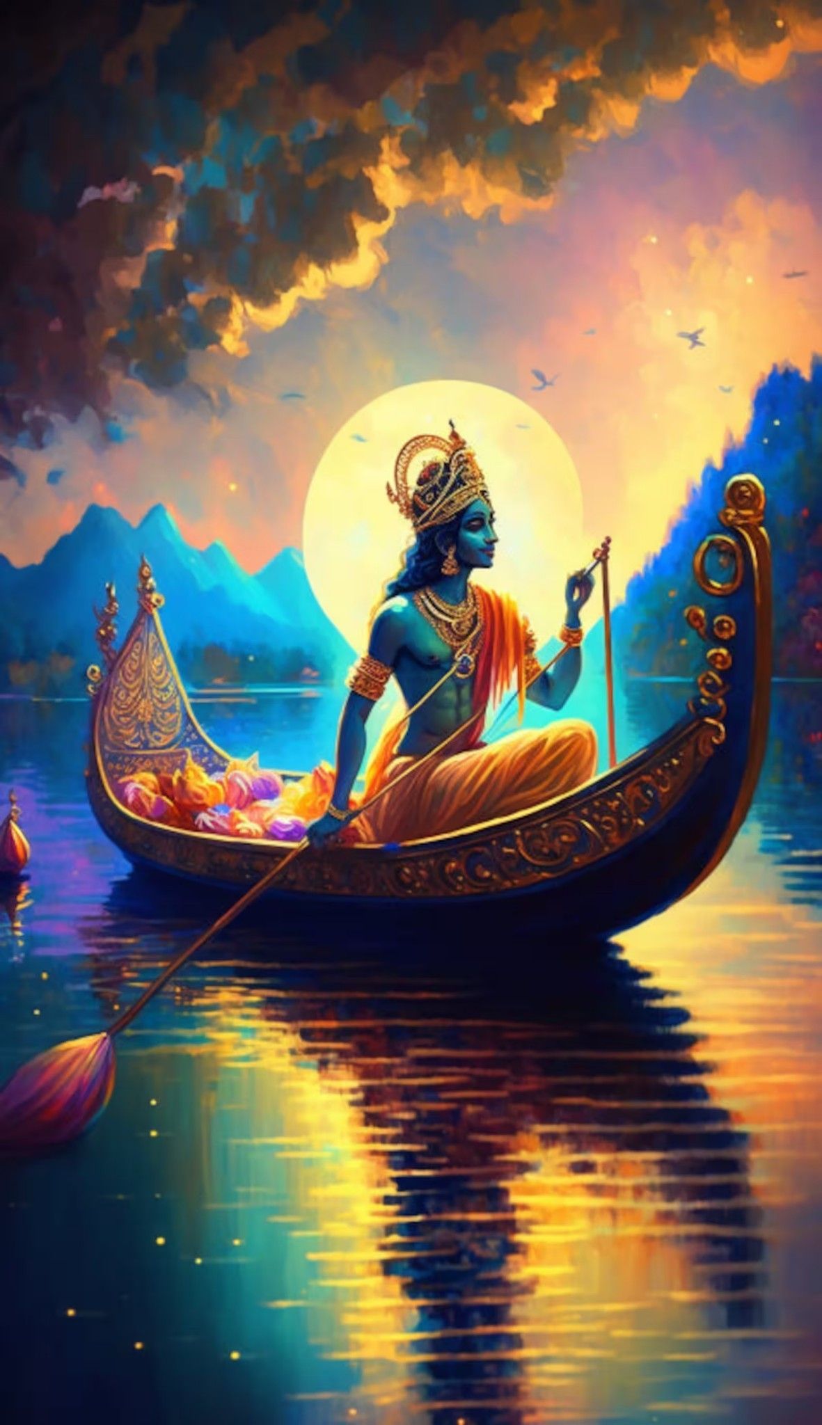 Krishna sailing on a celestial lake
