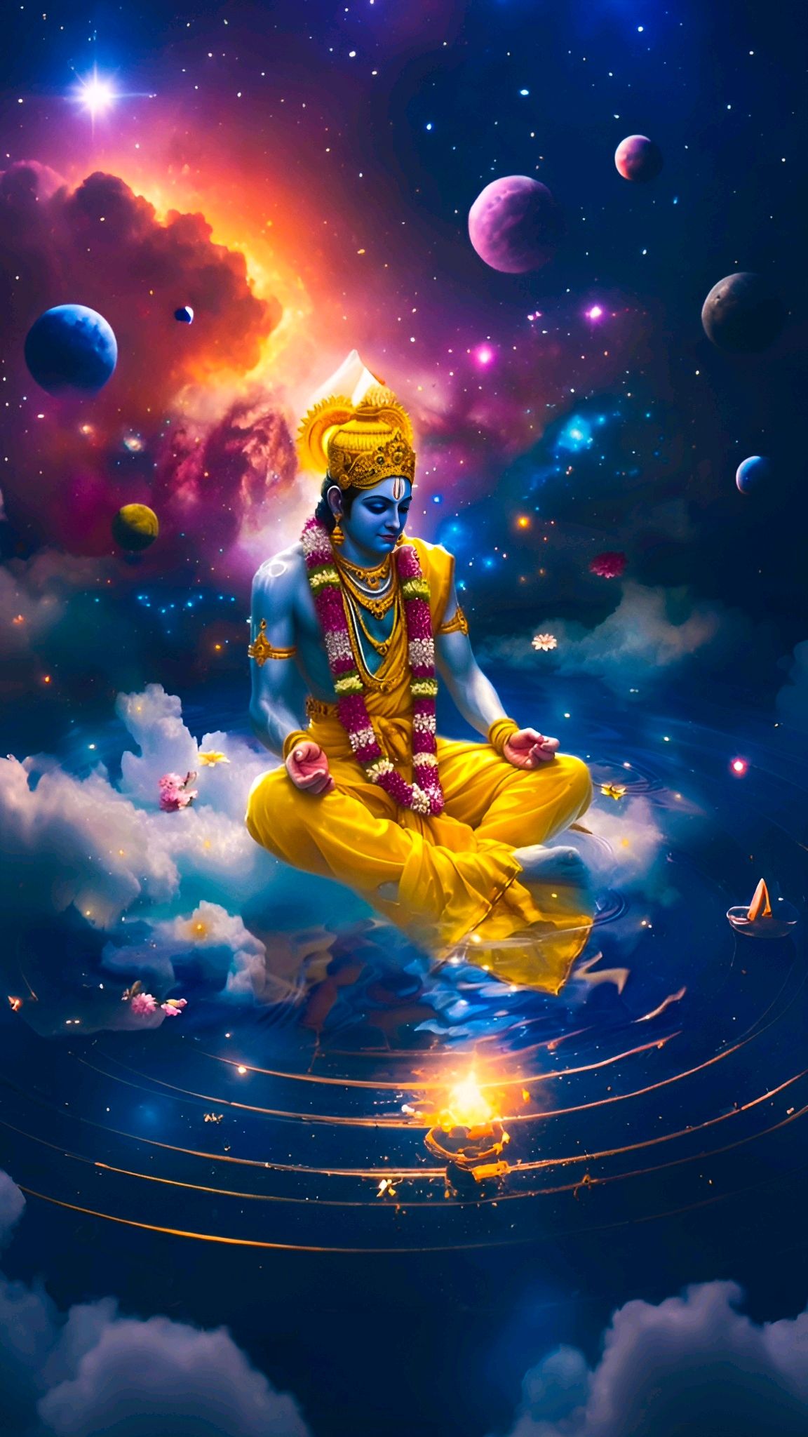 Krishna meditating in cosmic universe