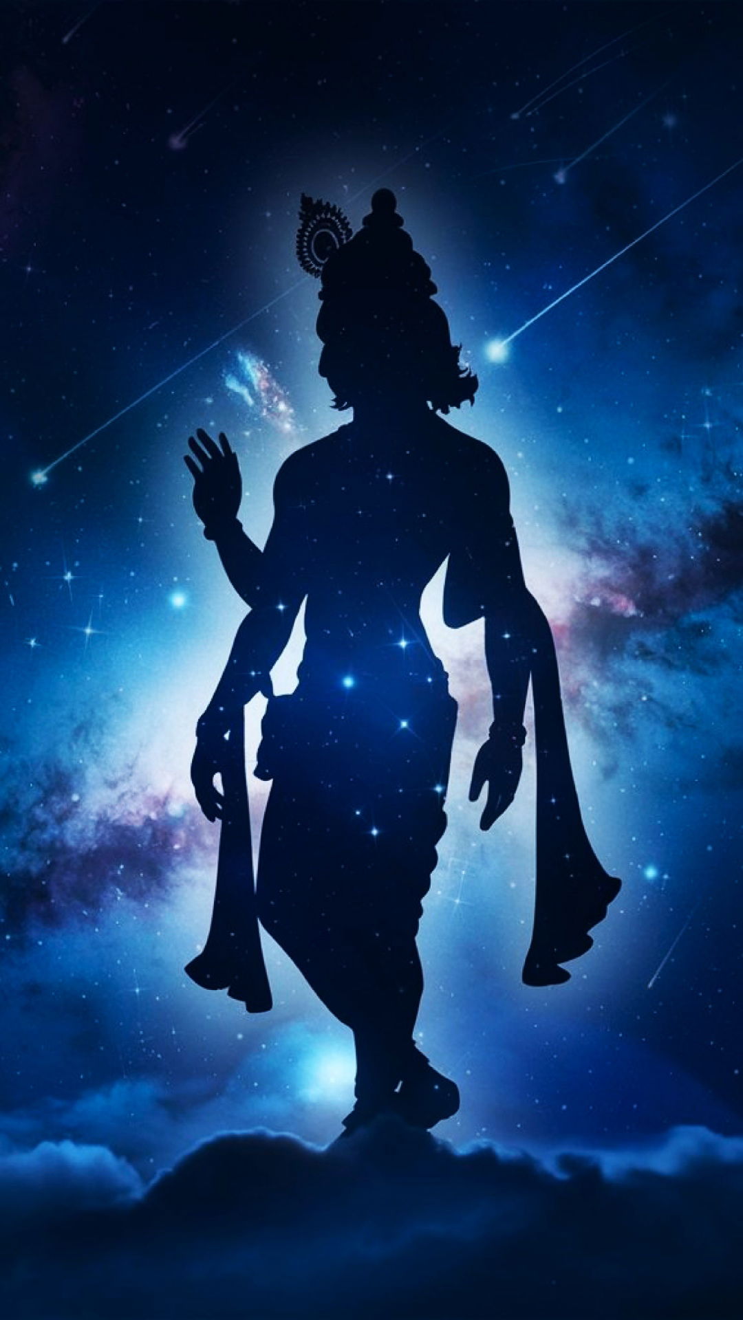 Krishna silhouette against a starry sky