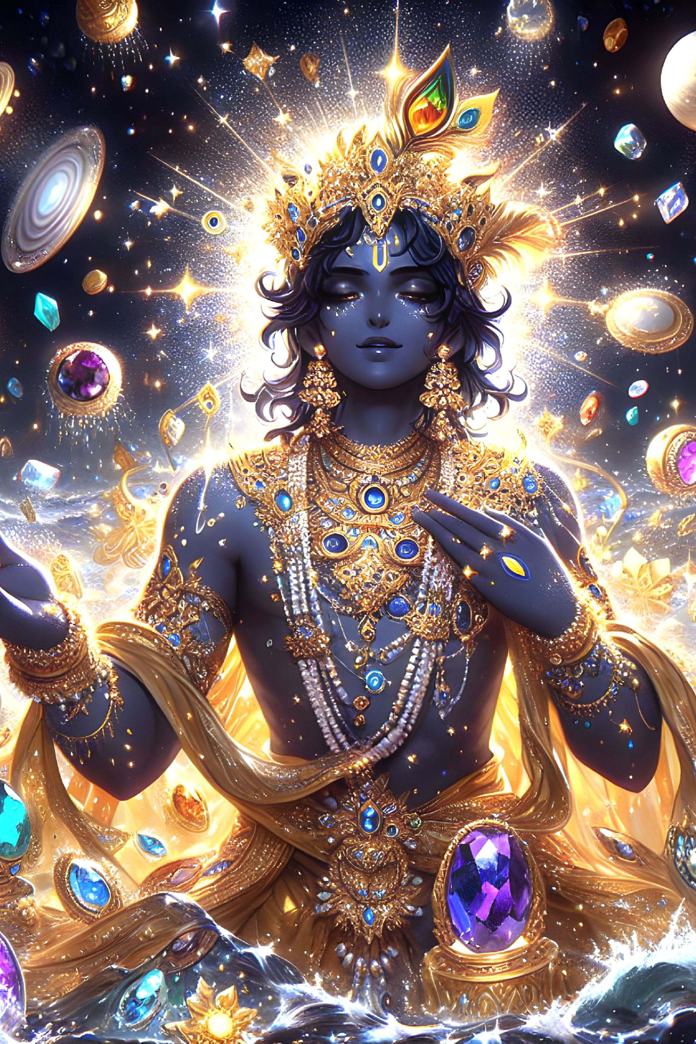 Krishna amidst a cosmic, jeweled universe