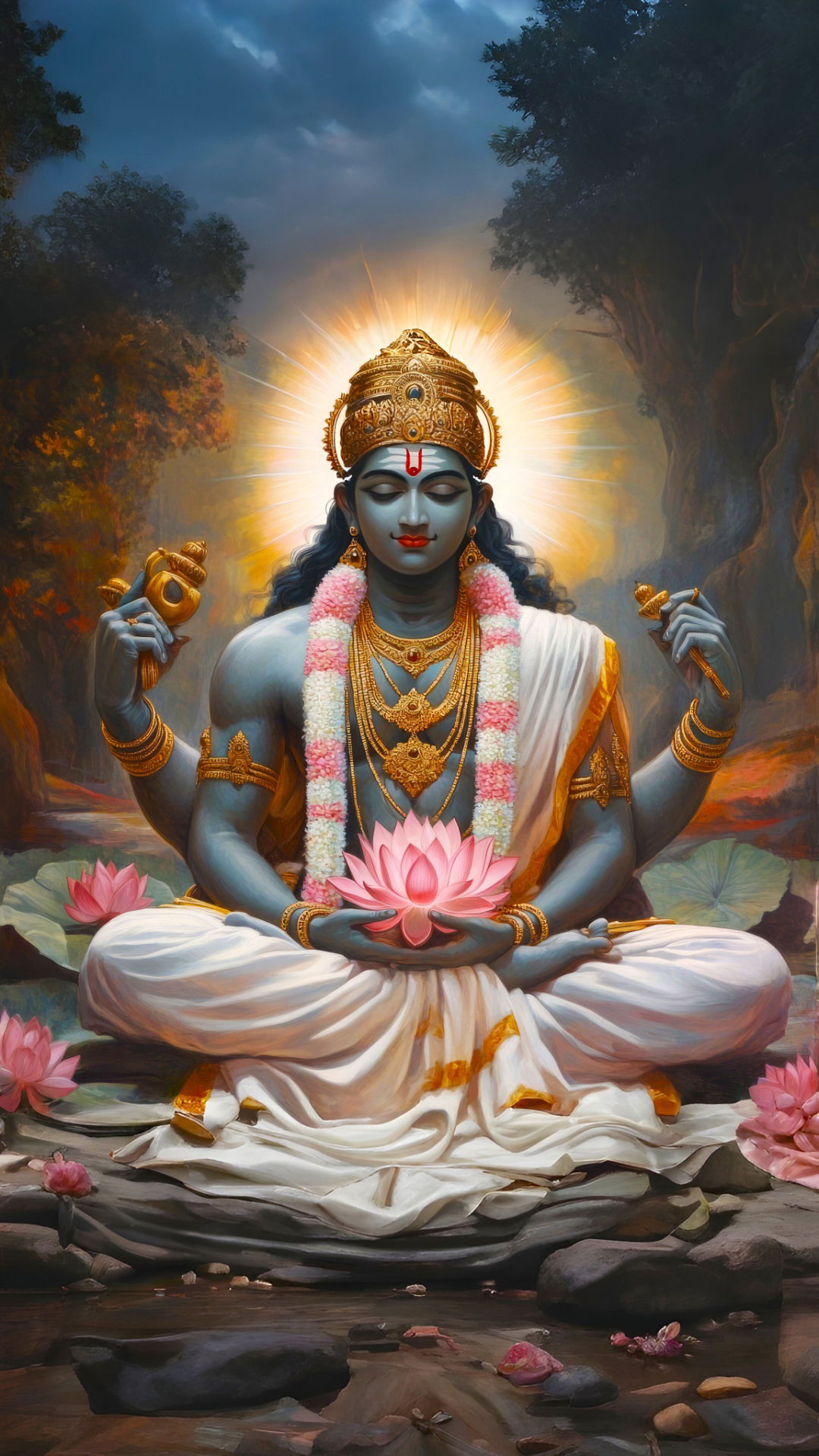 Krishna meditating on a lotus flower