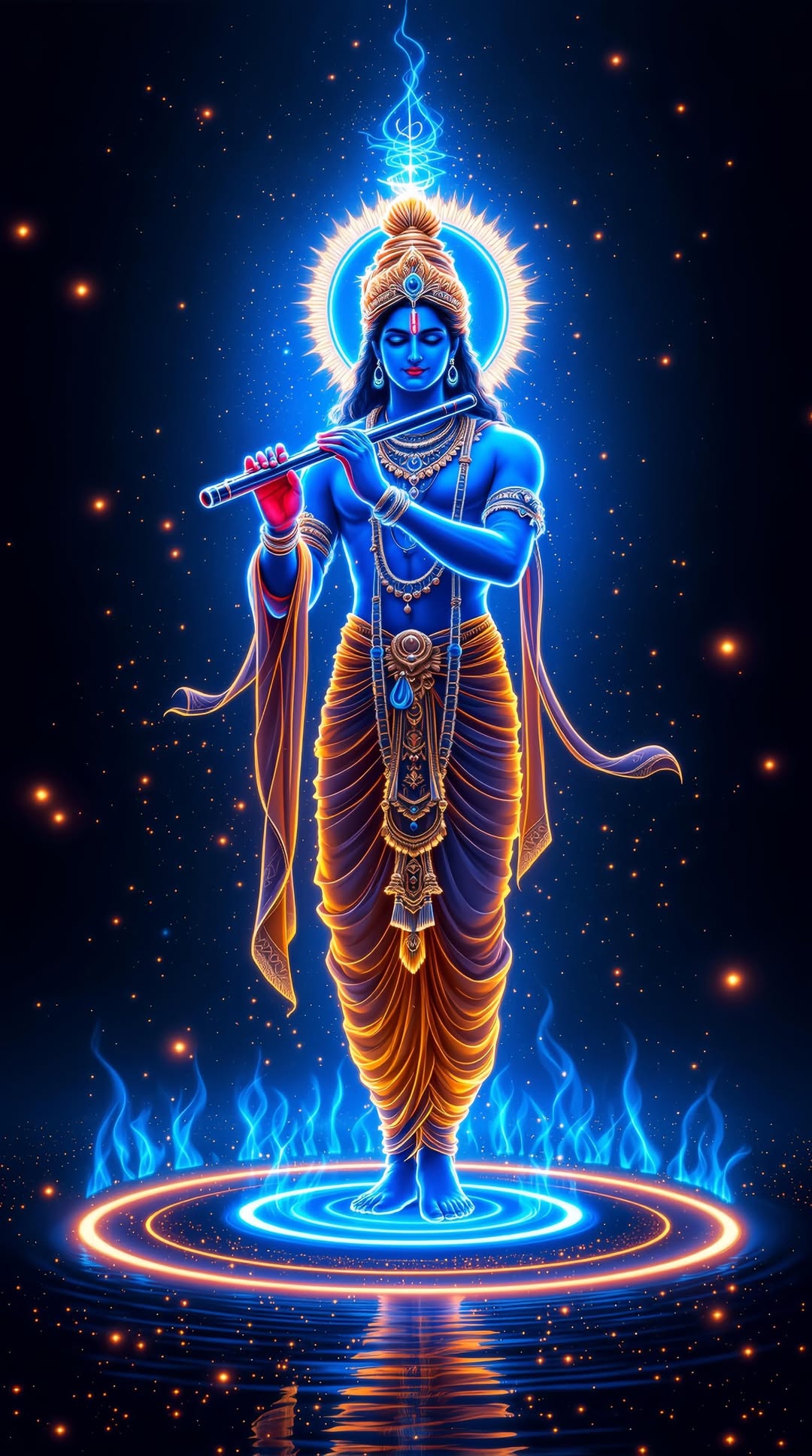 Krishna playing flute amidst cosmic light