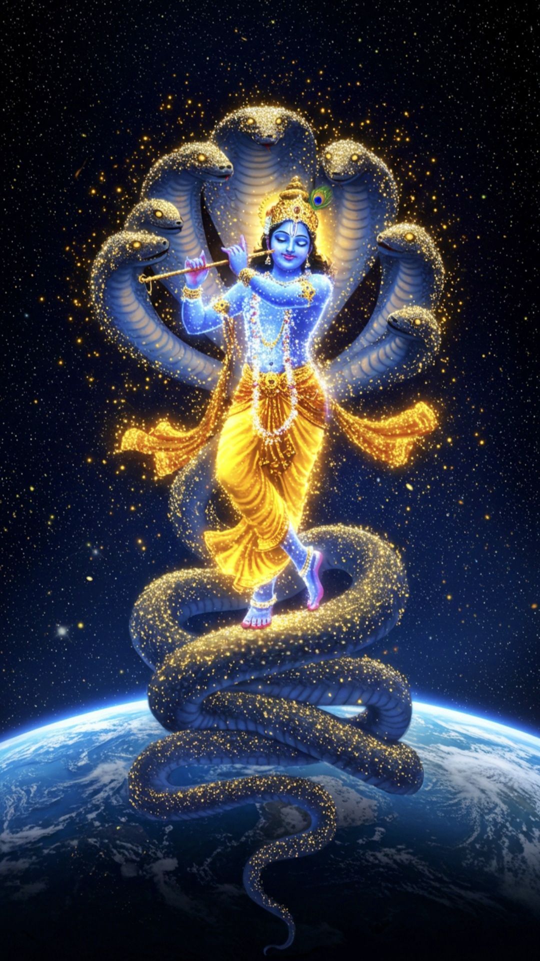 Krishna plays flute in cosmic universe