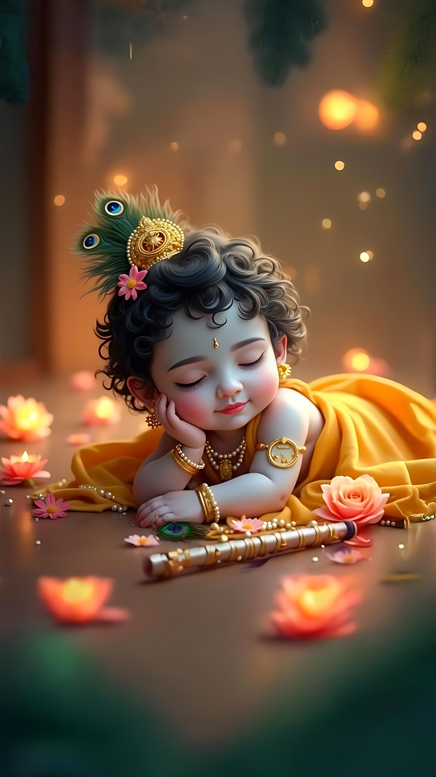 Sleeping baby Krishna with flute and lotus