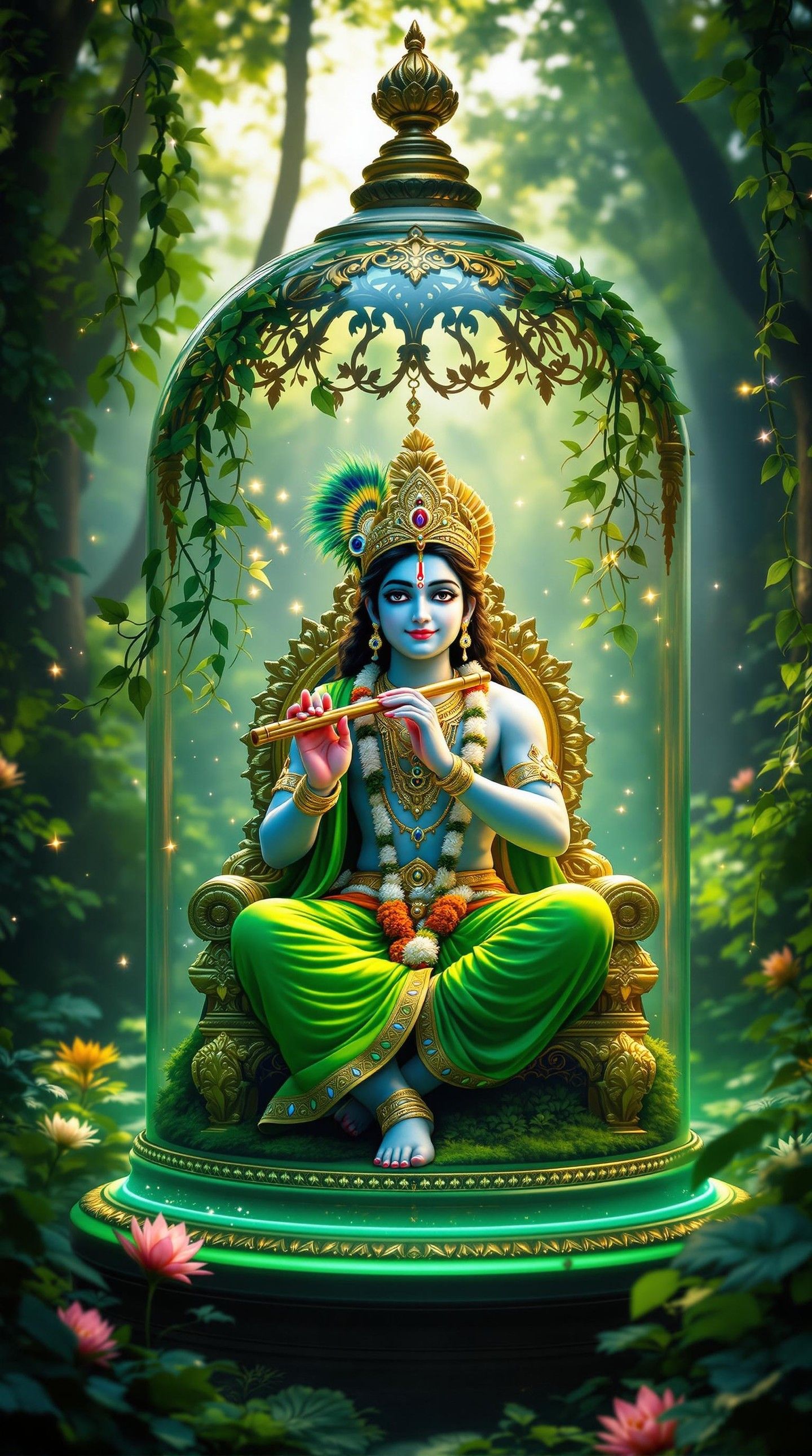 Krishna playing flute in forest throne