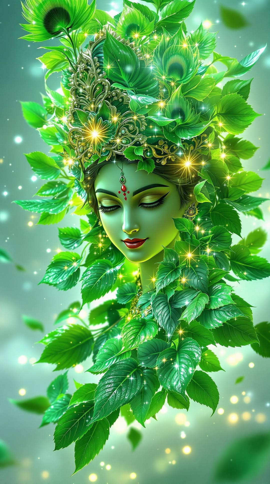 Krishna\'s face adorned with leaves and feathers