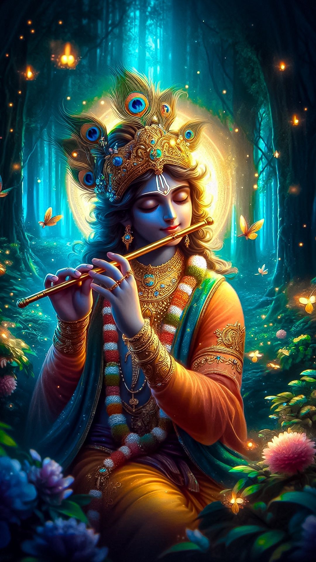 Krishna playing flute in forest scene