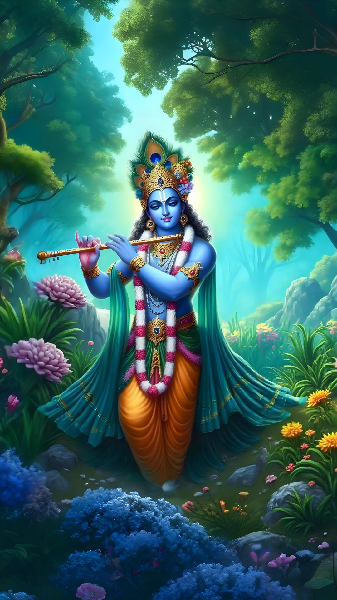 Lord Krishna playing flute in forest