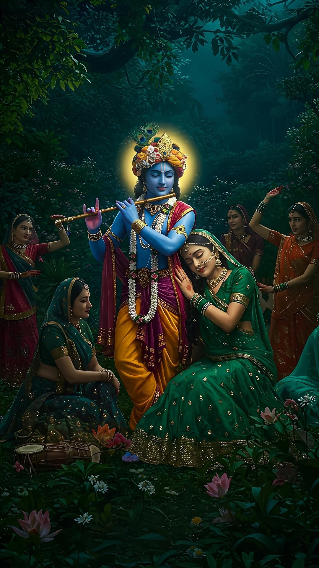 Krishna playing flute with Radha and gopis