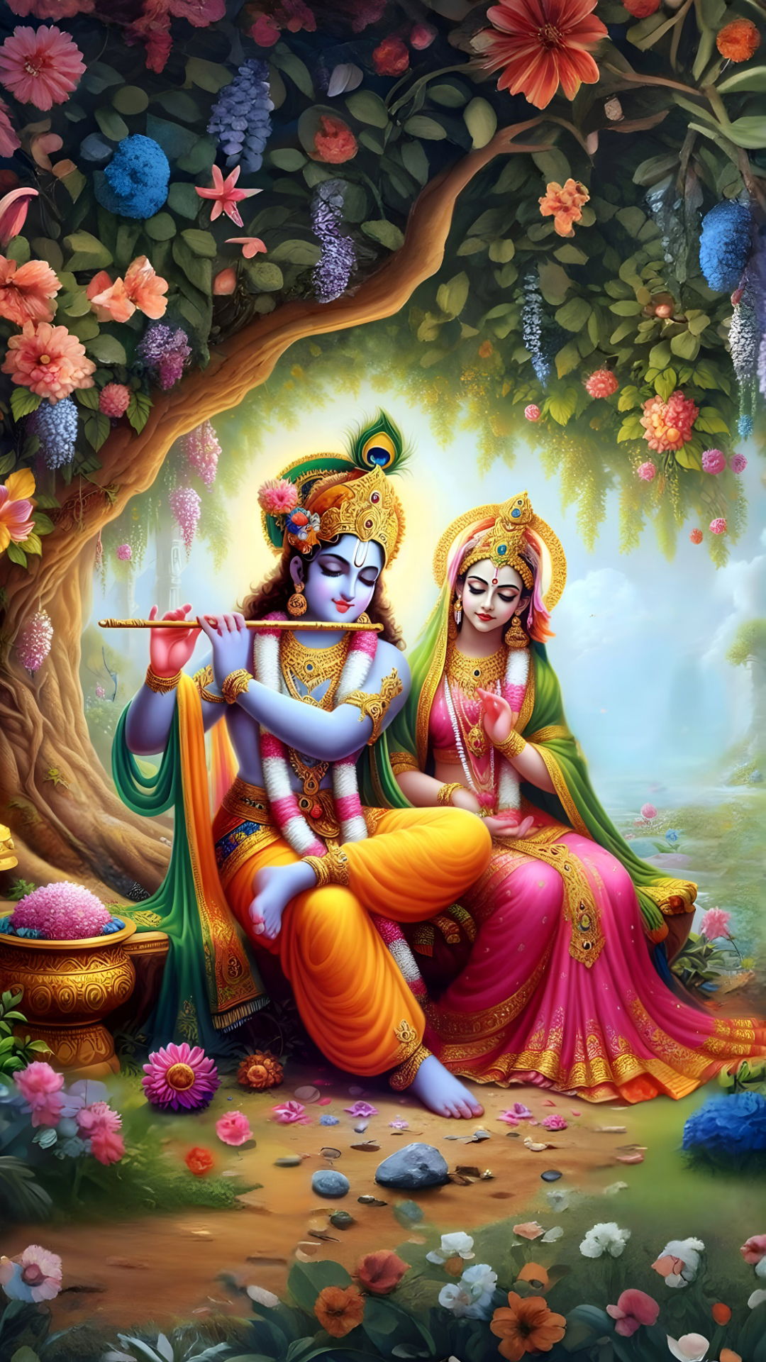 Krishna and Radha in a floral garden
