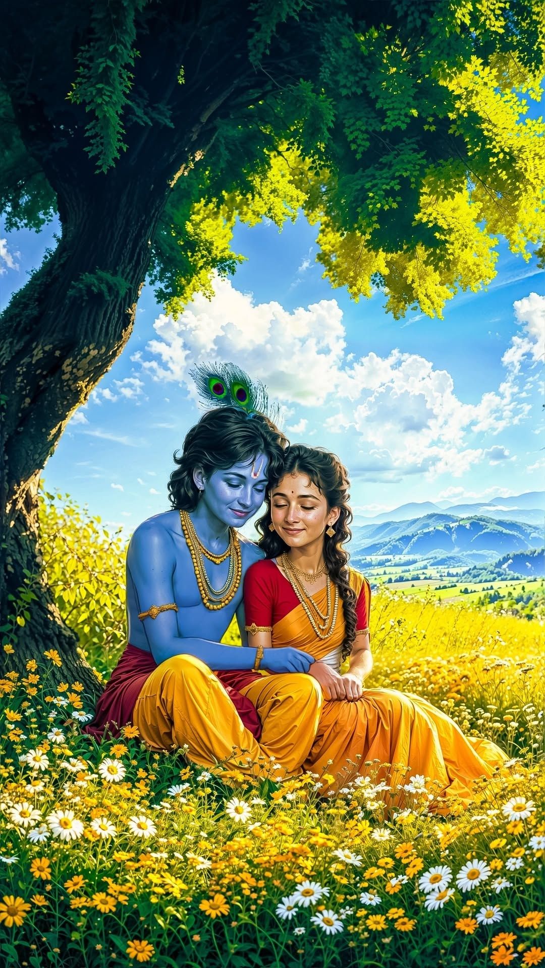 Krishna and Radha in a floral field