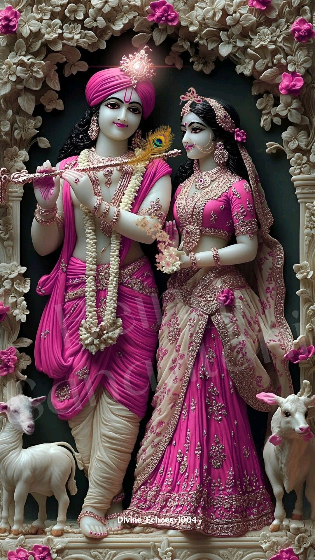 Krishna and Radha amidst pink flowers