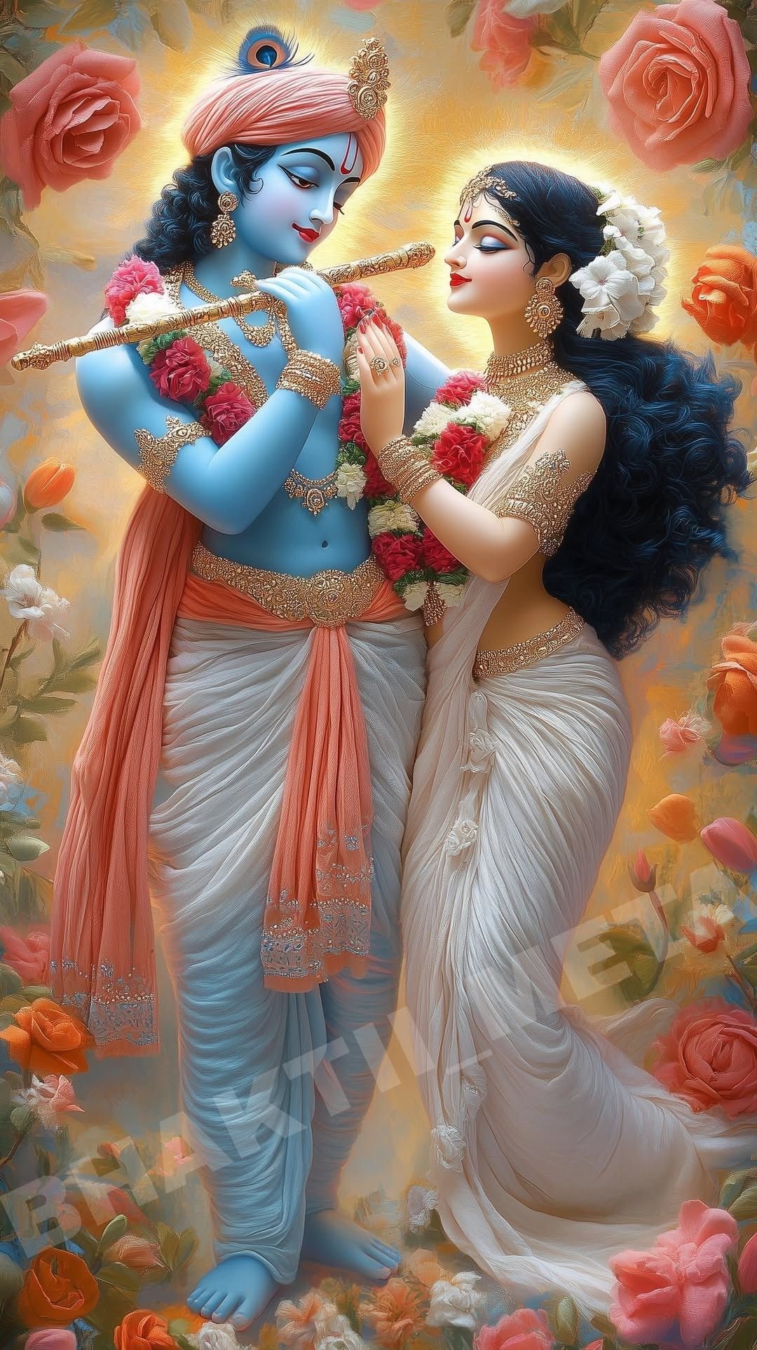 Krishna and Radha in a floral embrace
