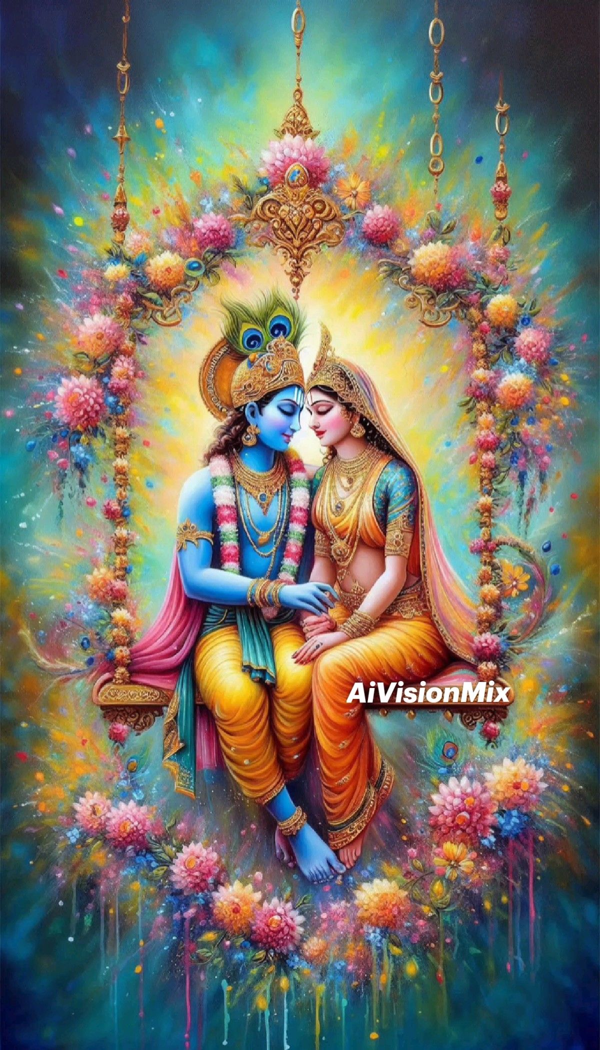 Radha and Krishna in loving embrace.