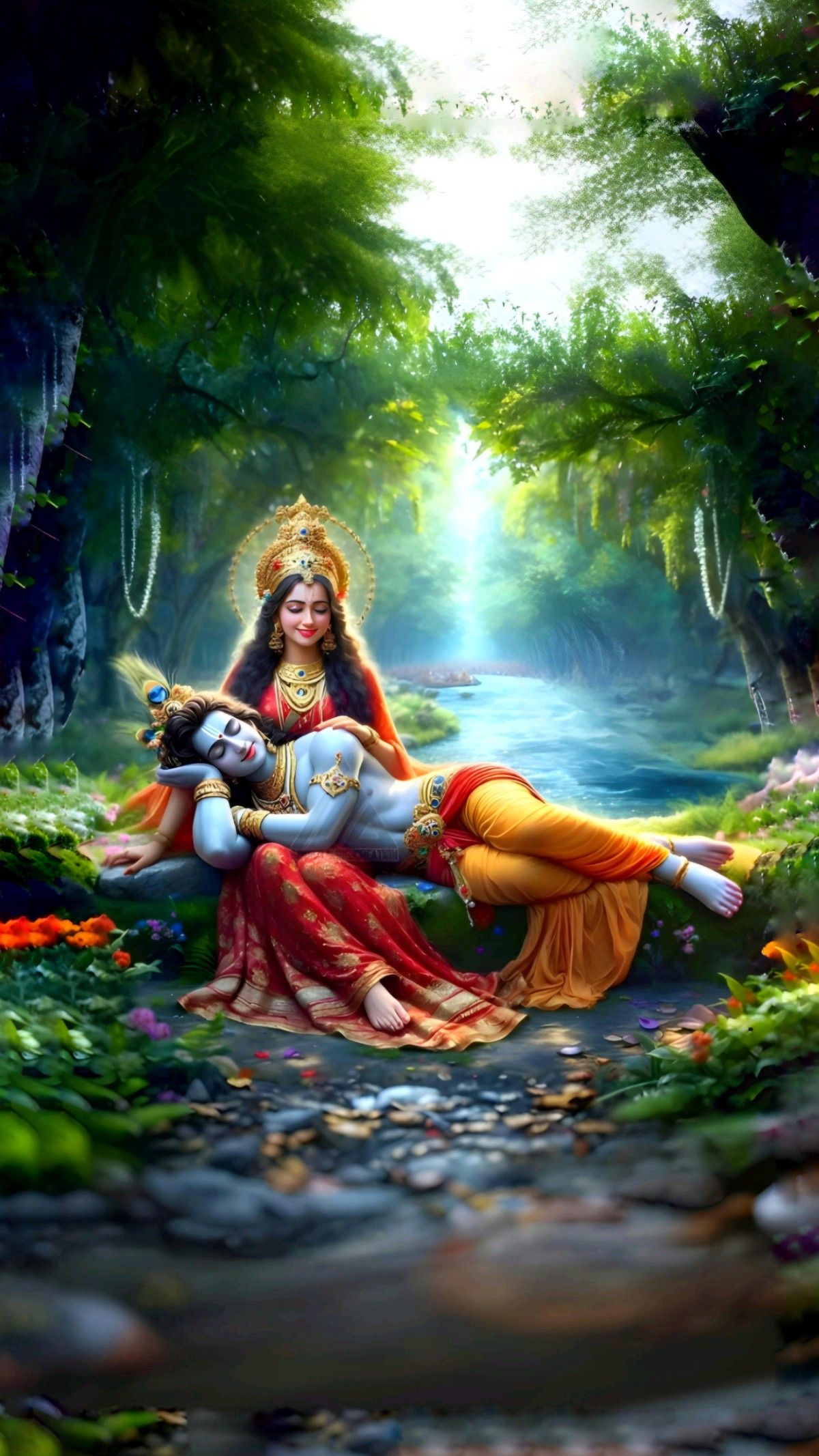 Krishna and Radha in a forest setting