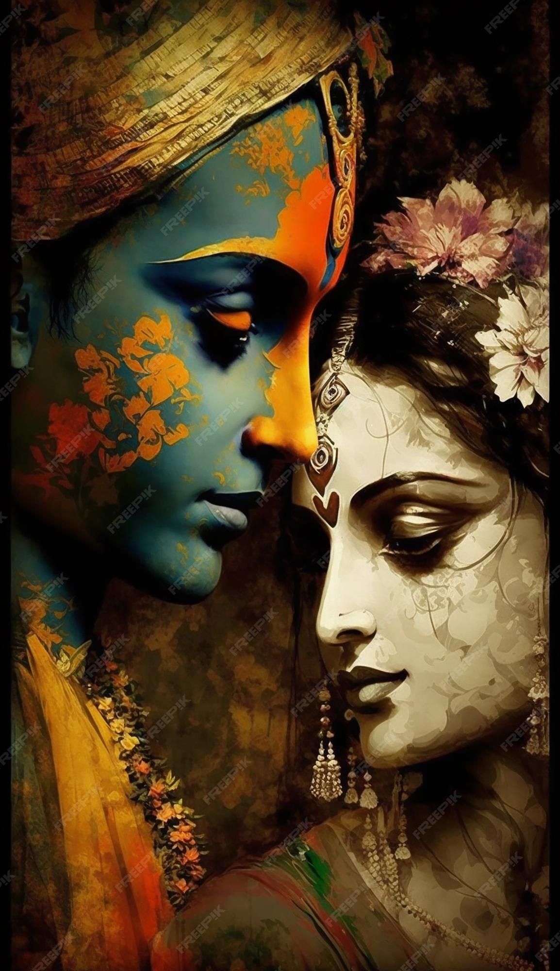 Radha Krishna divine loving embrace art