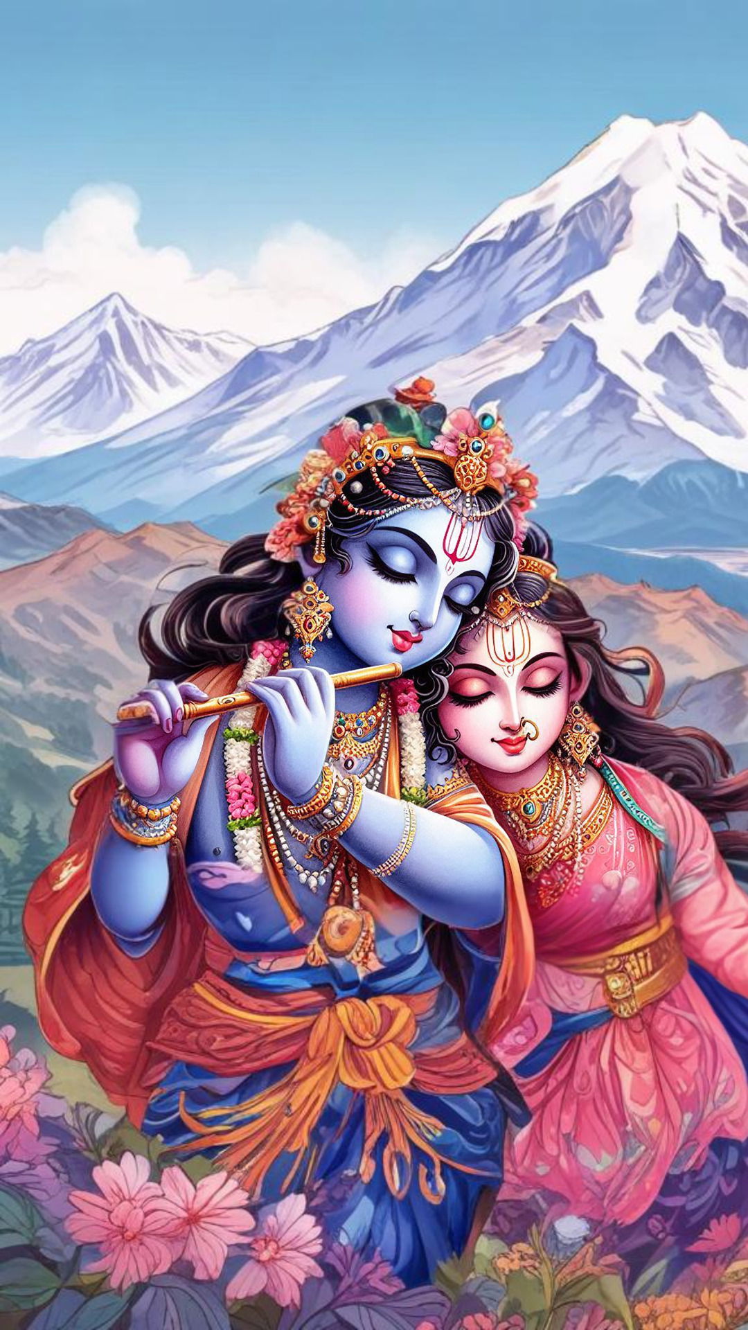 Krishna and Radha in a mountain setting