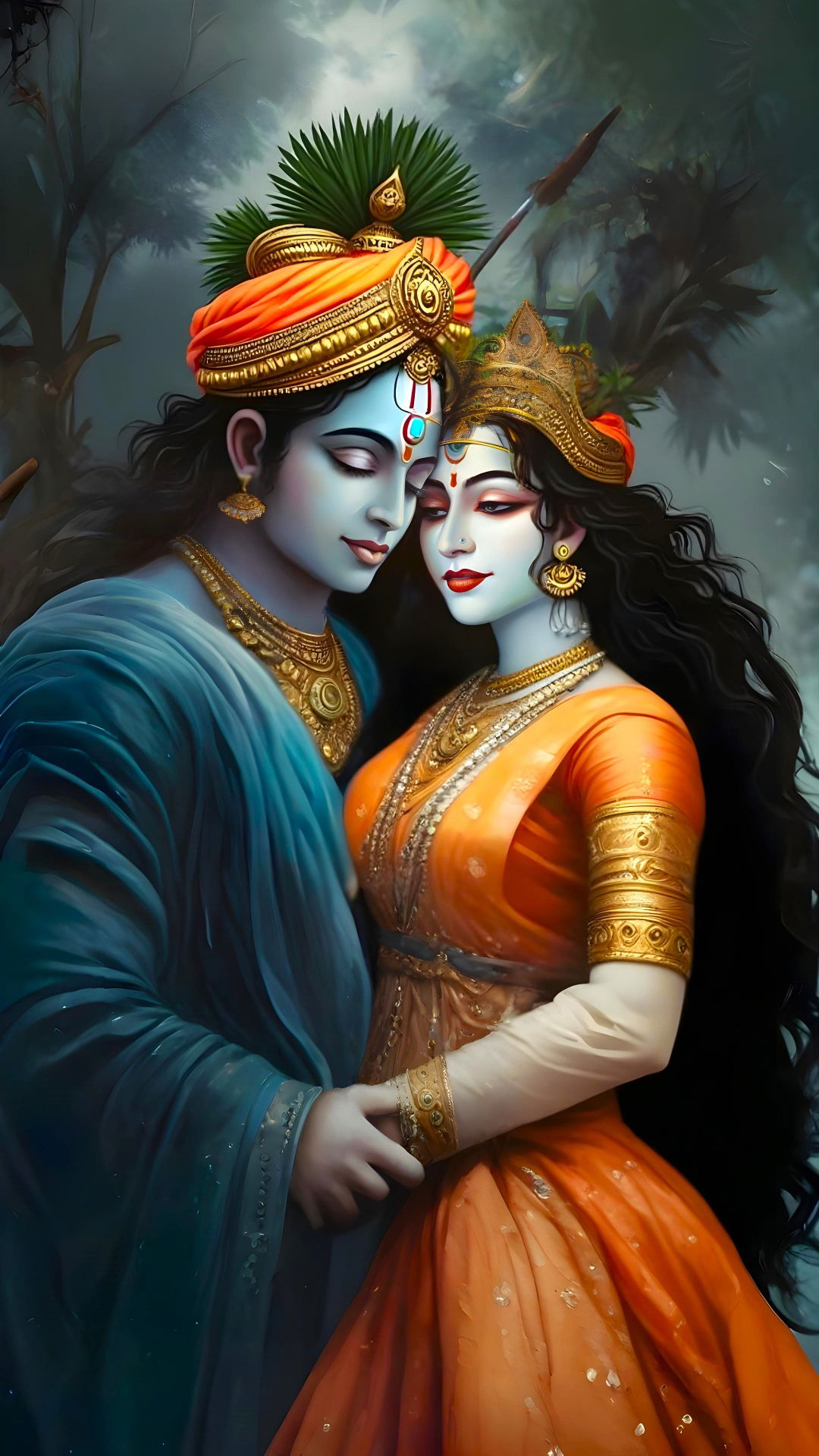 Krishna and Radha embrace lovingly