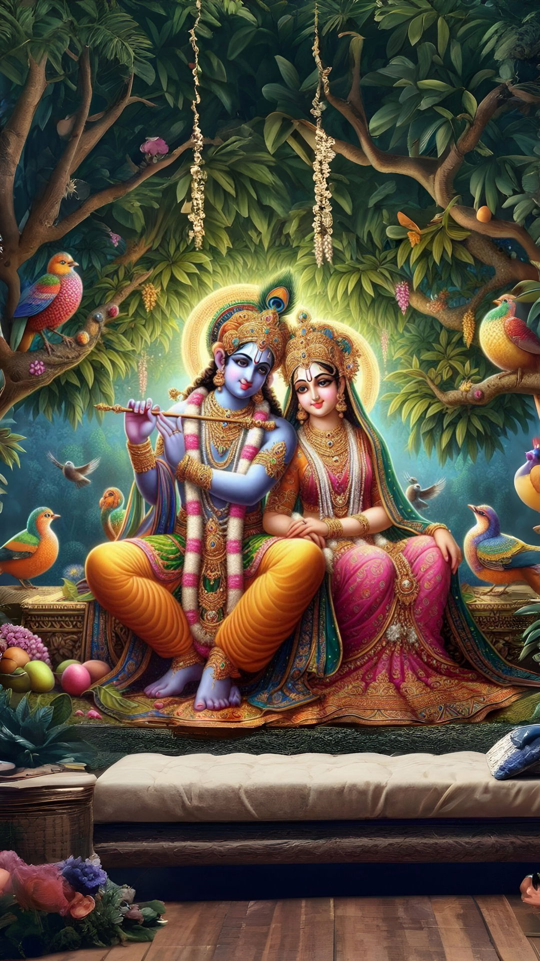 Krishna and Radha in a forest scene
