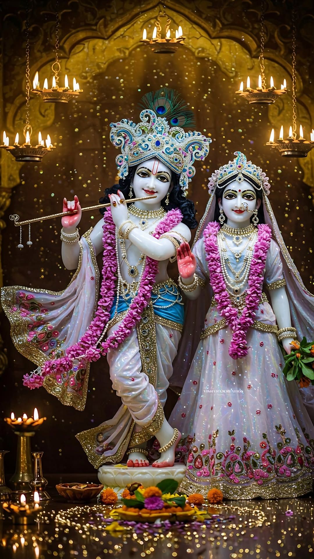 Krishna and Radha deities in temple setting