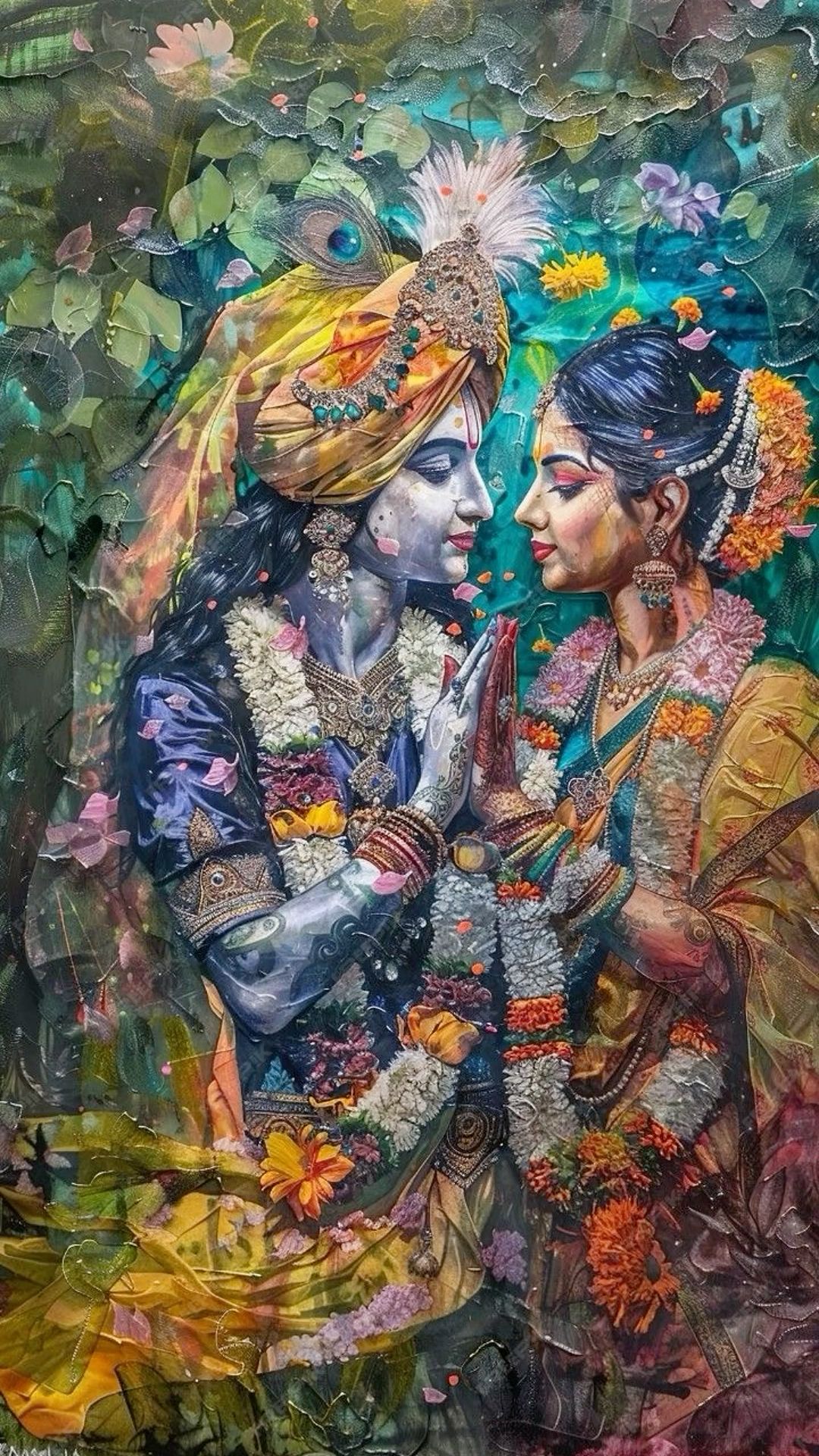 Krishna and Radha in floral embrace