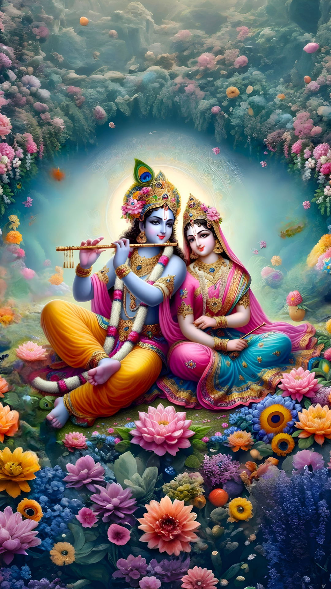 Krishna and Radha in floral garden