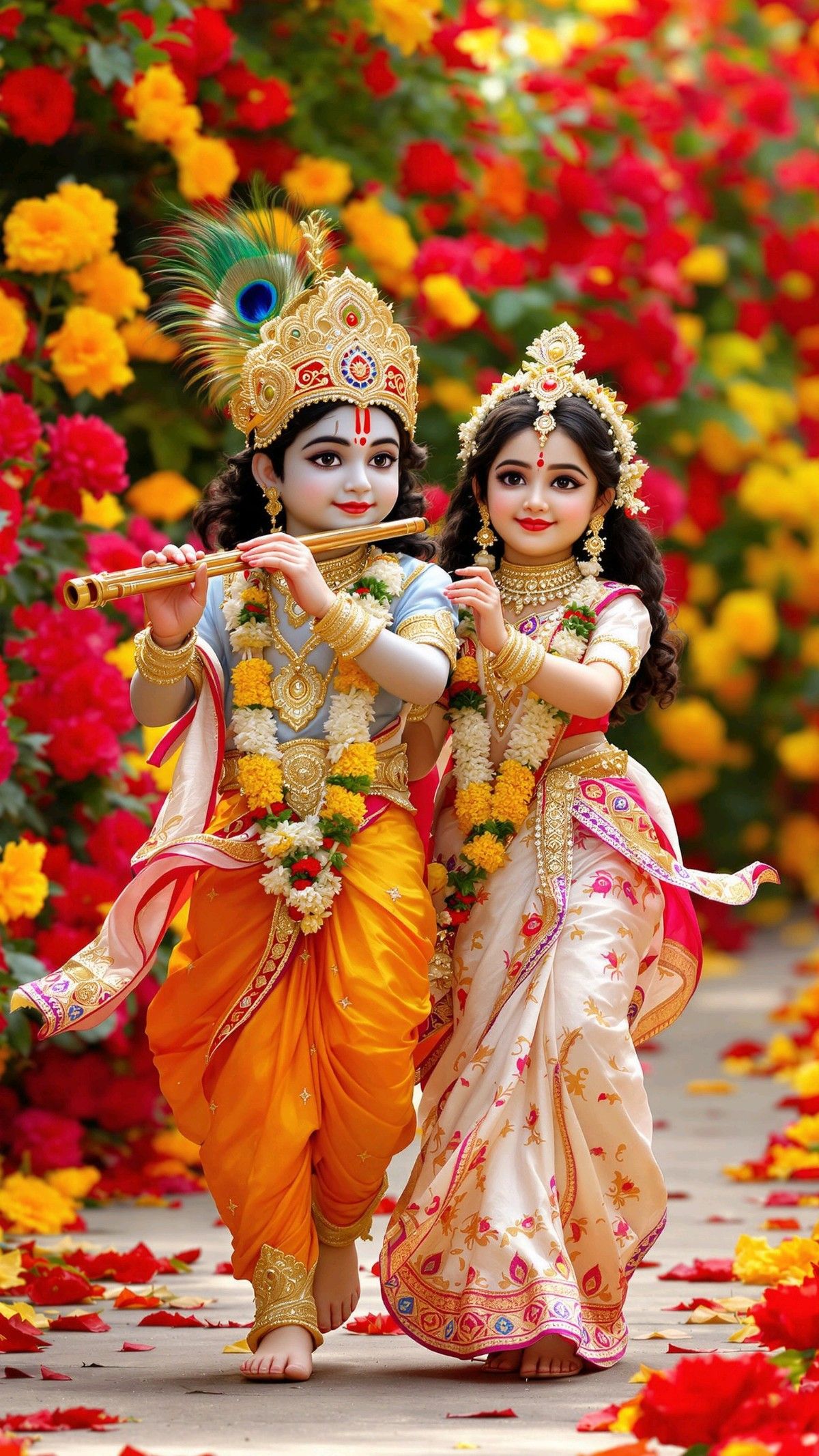 Krishna and Radha playing flute