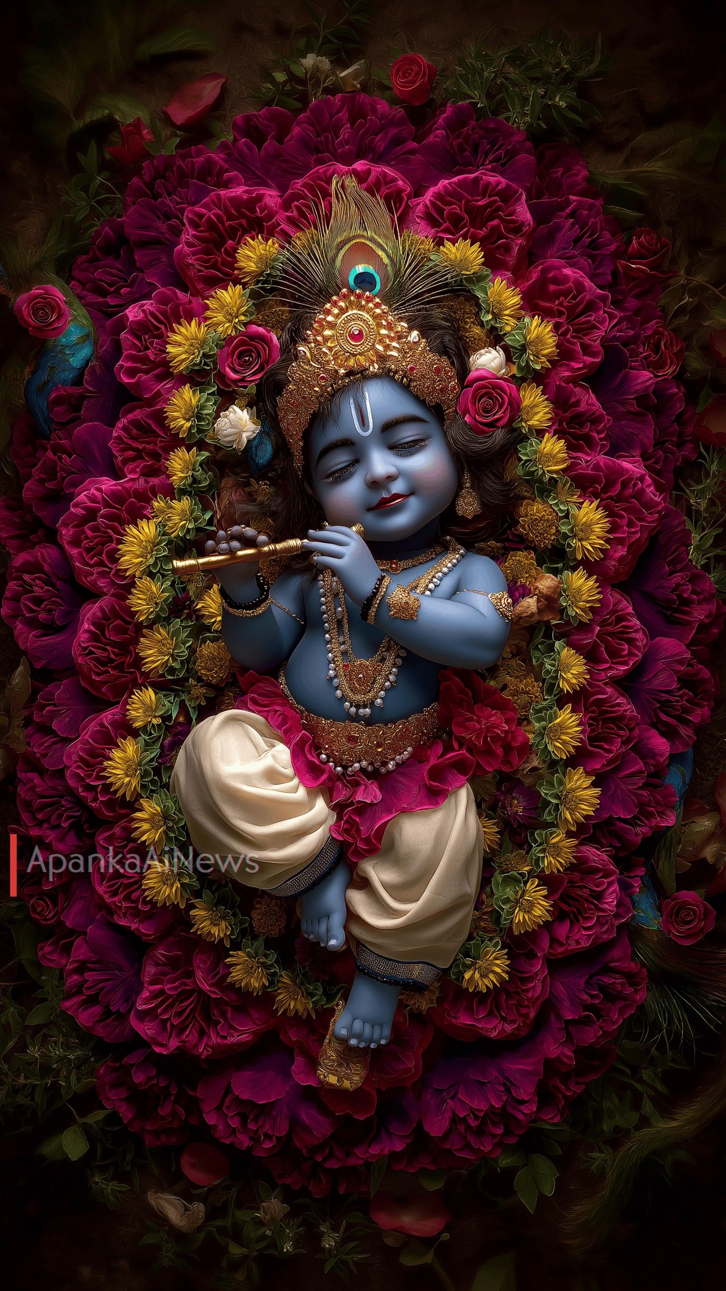 Baby Krishna playing the flute amidst flowers