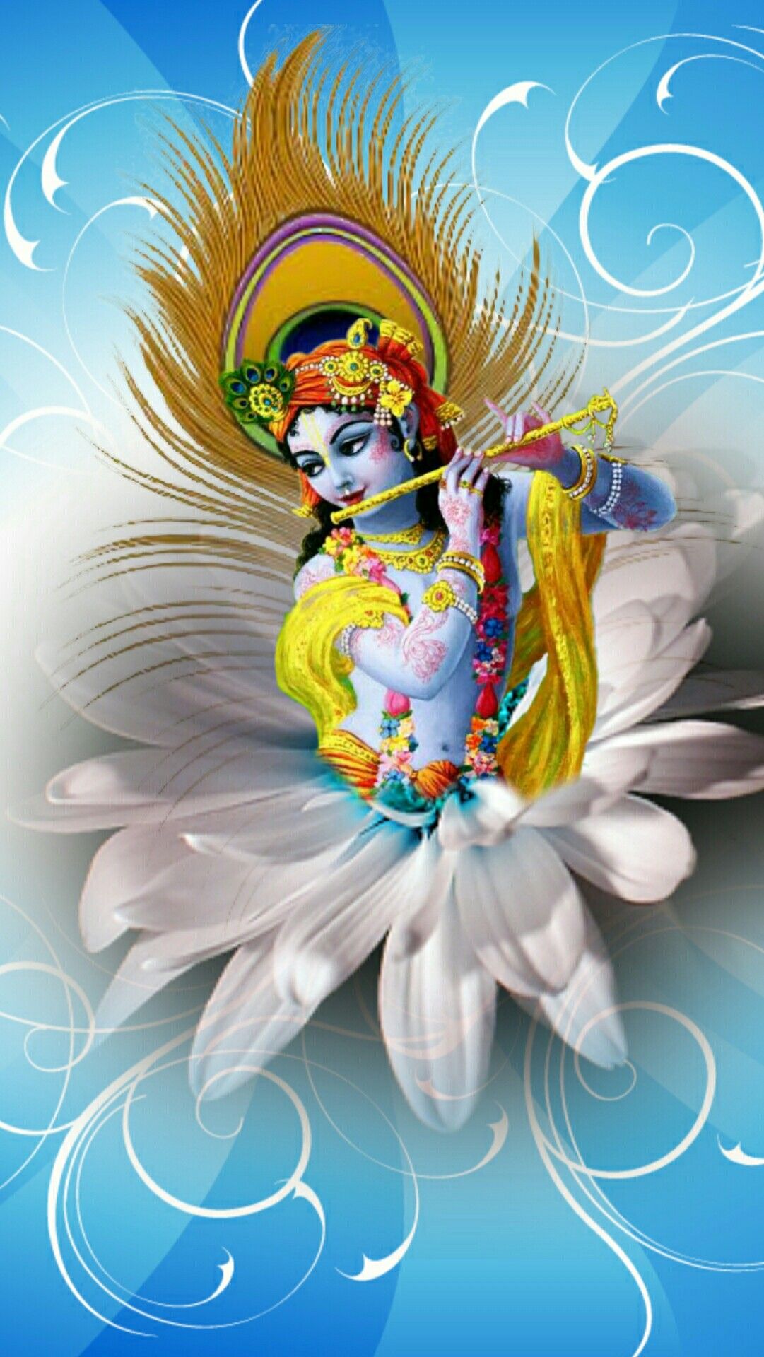 Krishna playing flute within lotus flower